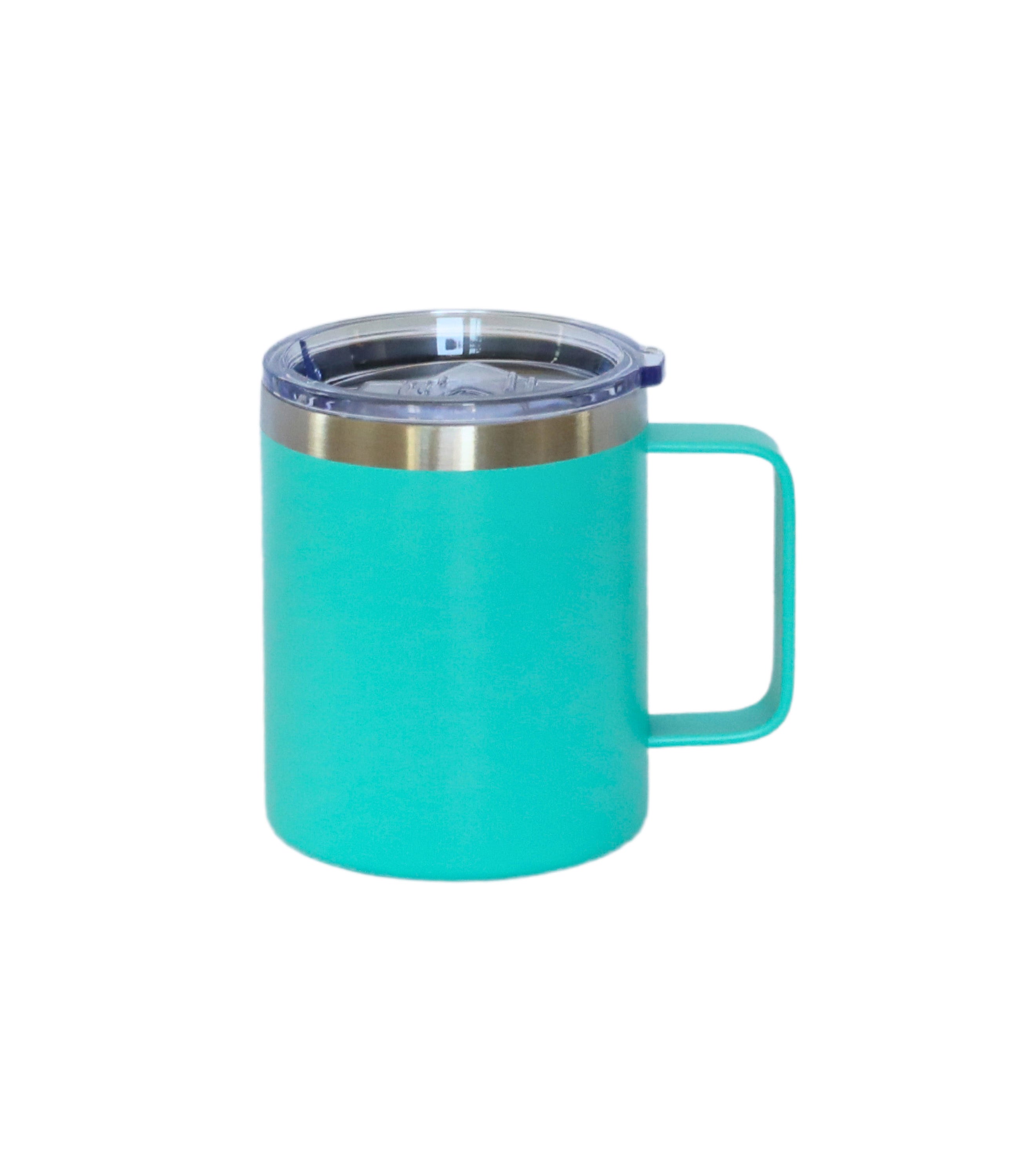 Aqua 12 Oz Stainless Steel Travel Mug with Handle, showcasing its sleek design and ergonomic handle.