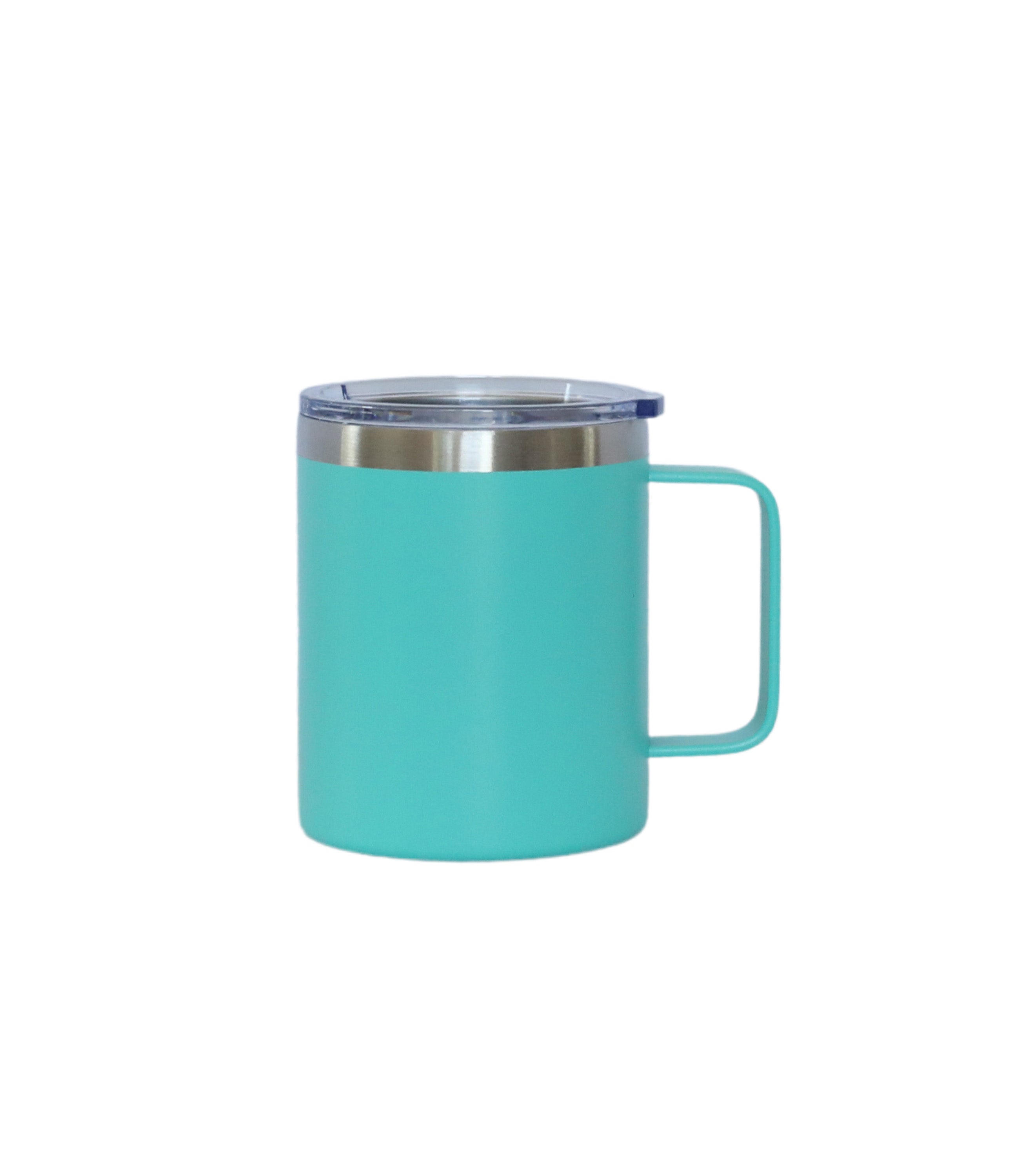 Aqua 12 Oz Stainless Steel Travel Mug with Handle, showcasing its sleek design and ergonomic handle.