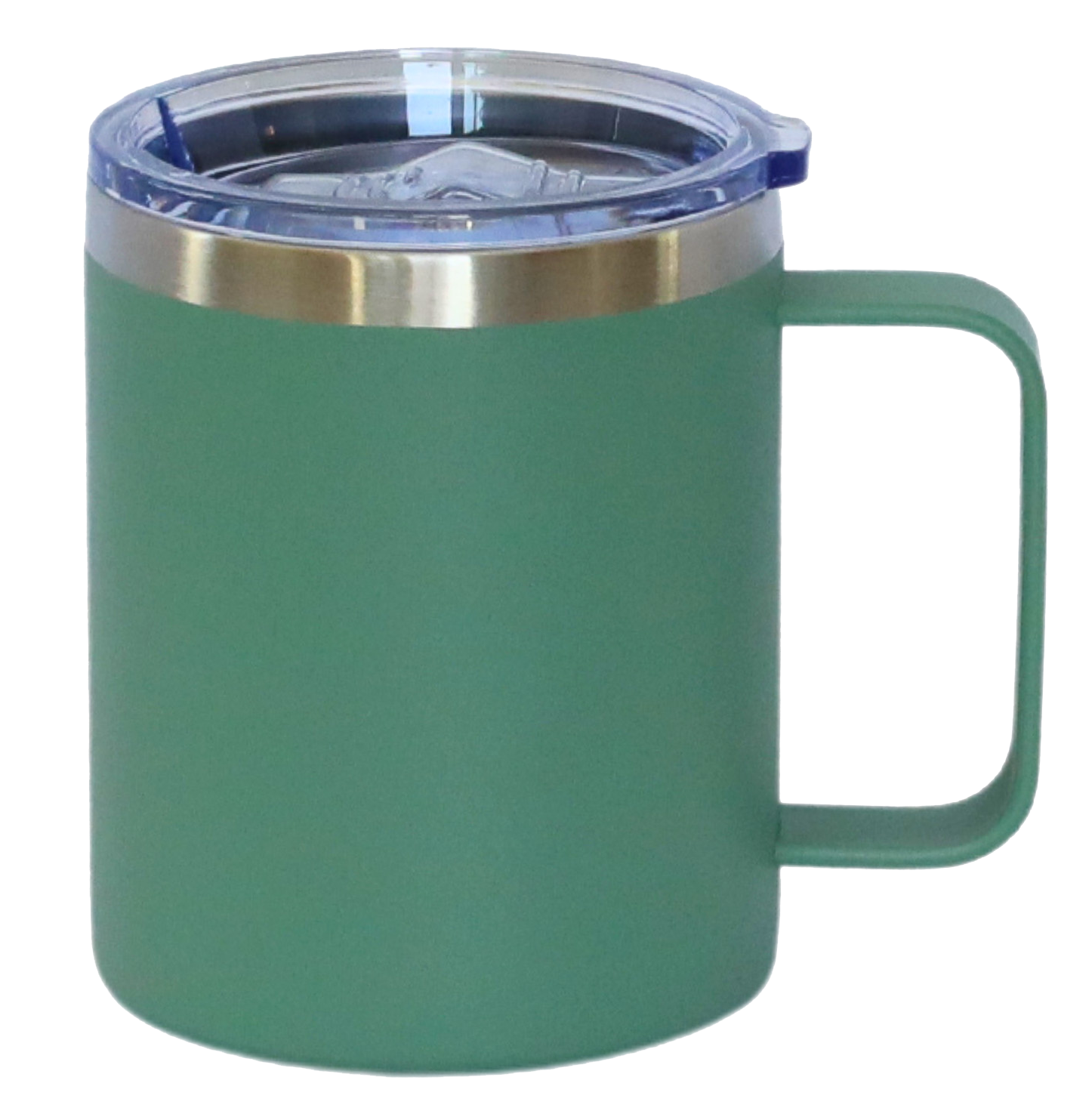 12 Oz Stainless Steel Travel Mug with Handle in Green, showcasing its sleek design and durable construction.