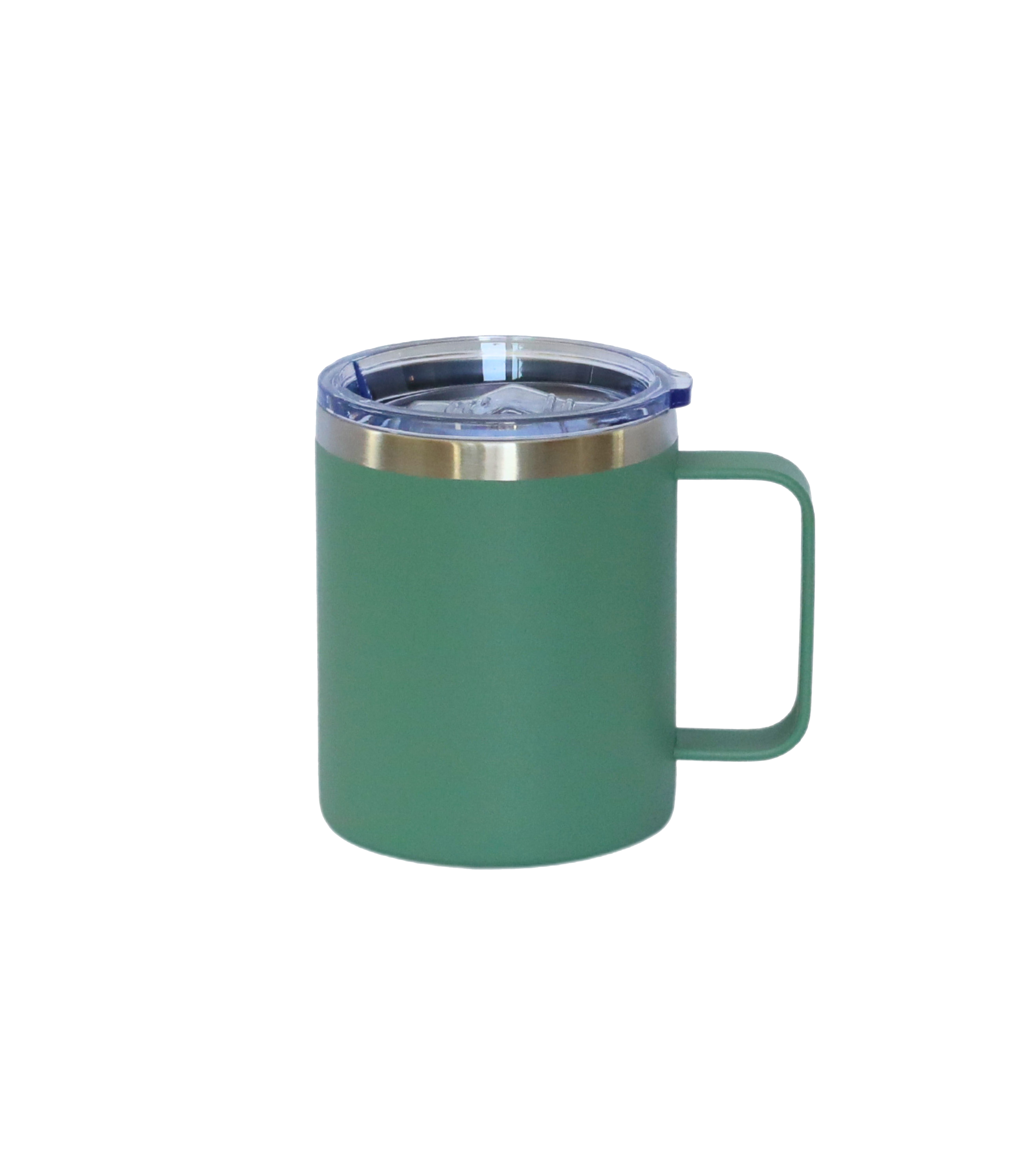 12 Oz Stainless Steel Travel Mug with Handle in Green, showcasing its sleek design and durable construction.