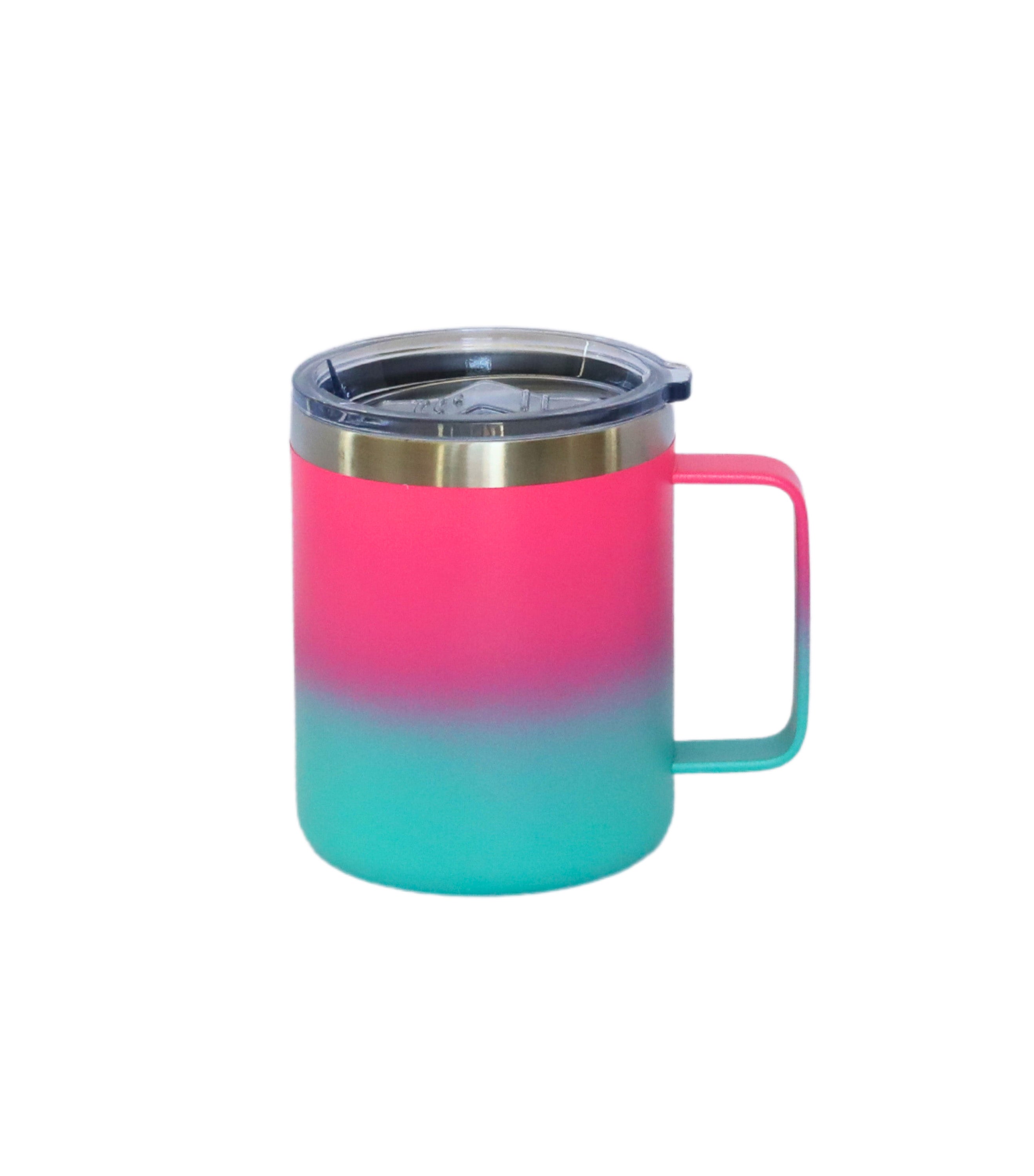 12 Oz Stainless Steel Travel Mug in vibrant hot pink and blue with a handle, showcasing its sleek design and ergonomic features.