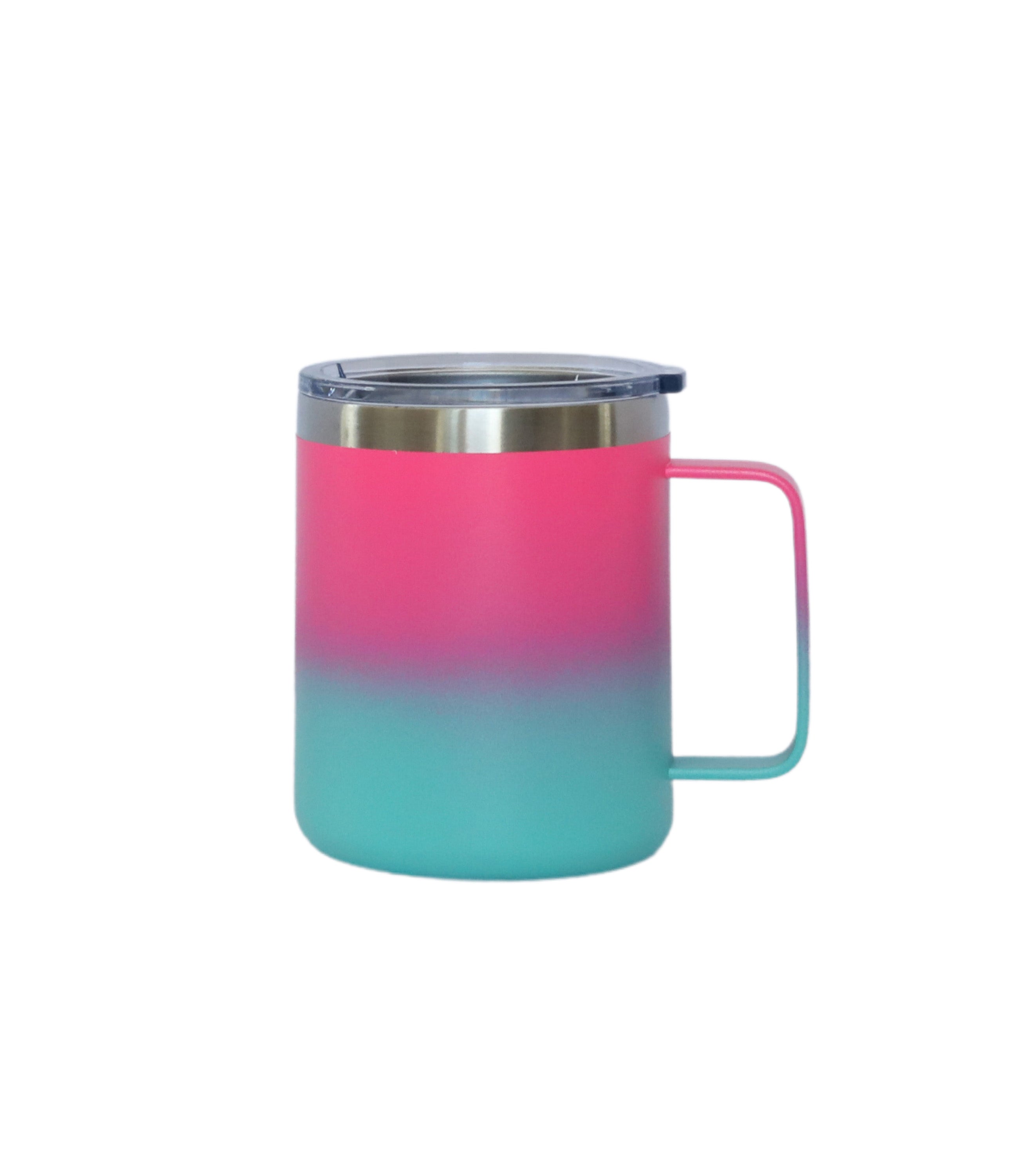 12 Oz Stainless Steel Travel Mug in vibrant hot pink and blue with a handle, showcasing its sleek design and ergonomic features.