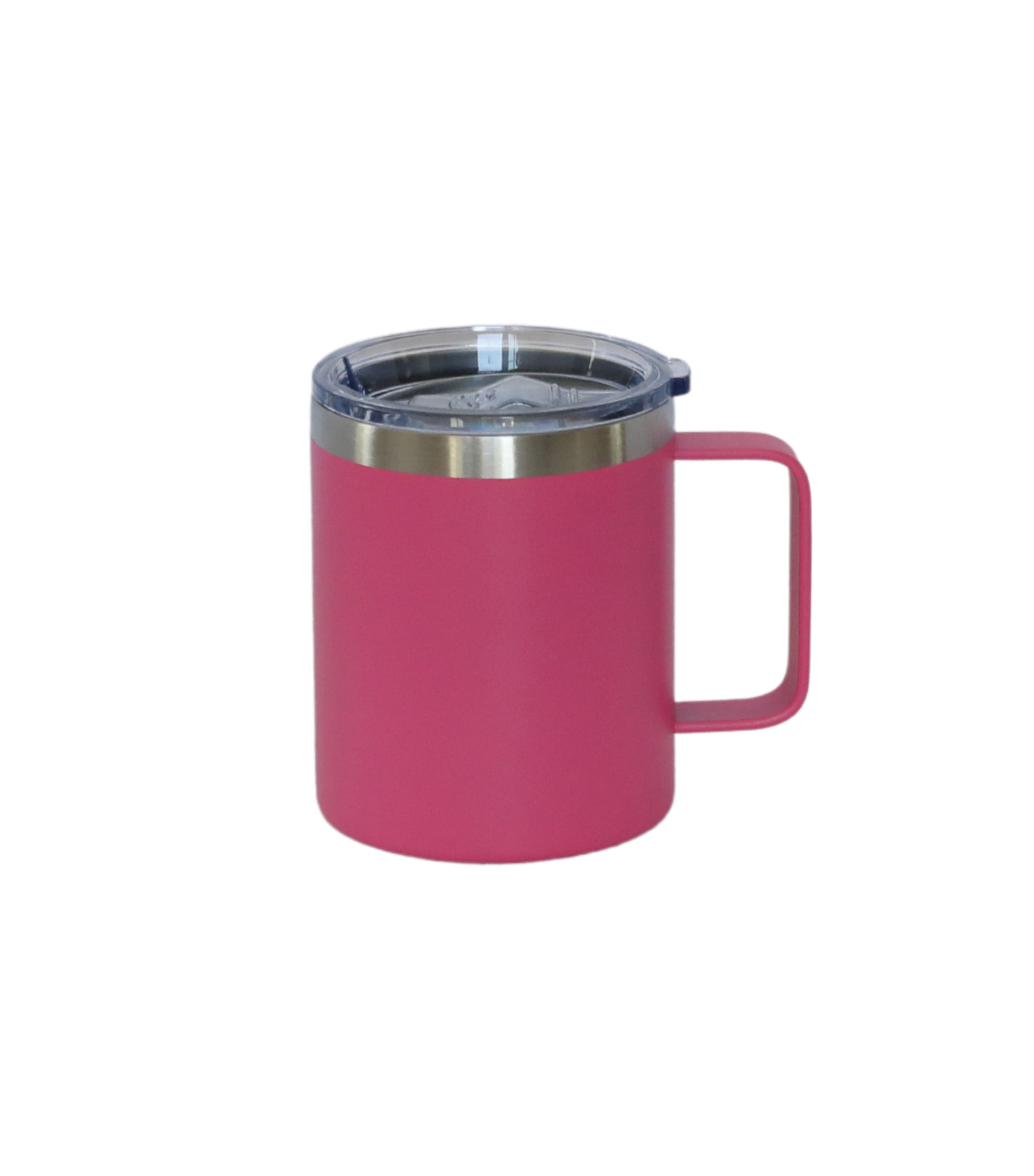 A vibrant hot pink 12 oz stainless steel travel mug with a handle, showcasing its sleek design and silicone cover.