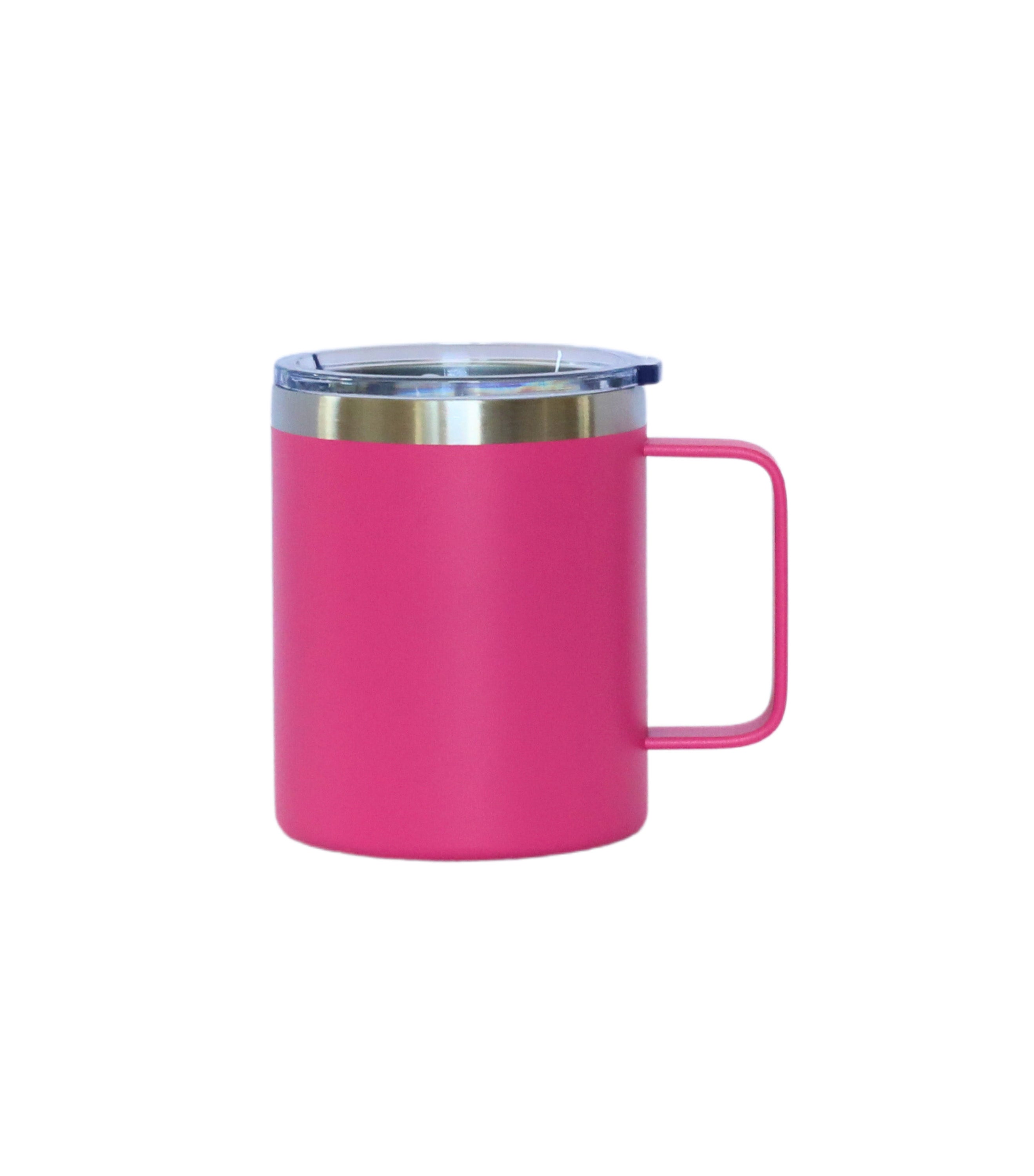 A vibrant hot pink 12 oz stainless steel travel mug with a handle, showcasing its sleek design and silicone cover.