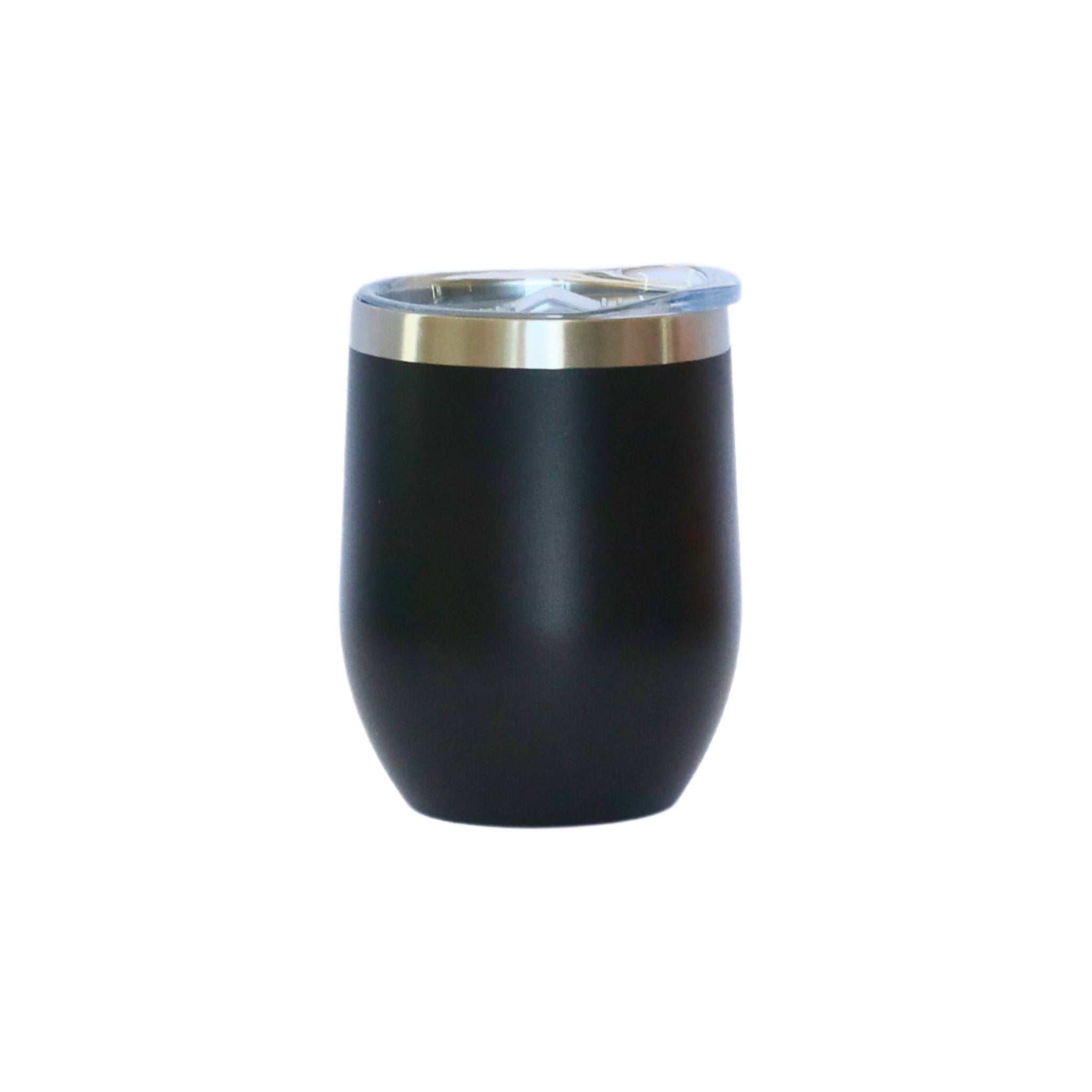 12 Oz Stemless Wine Tumbler in sleek black, made from stainless steel with a matte finish, perfect for enjoying wine on the go.