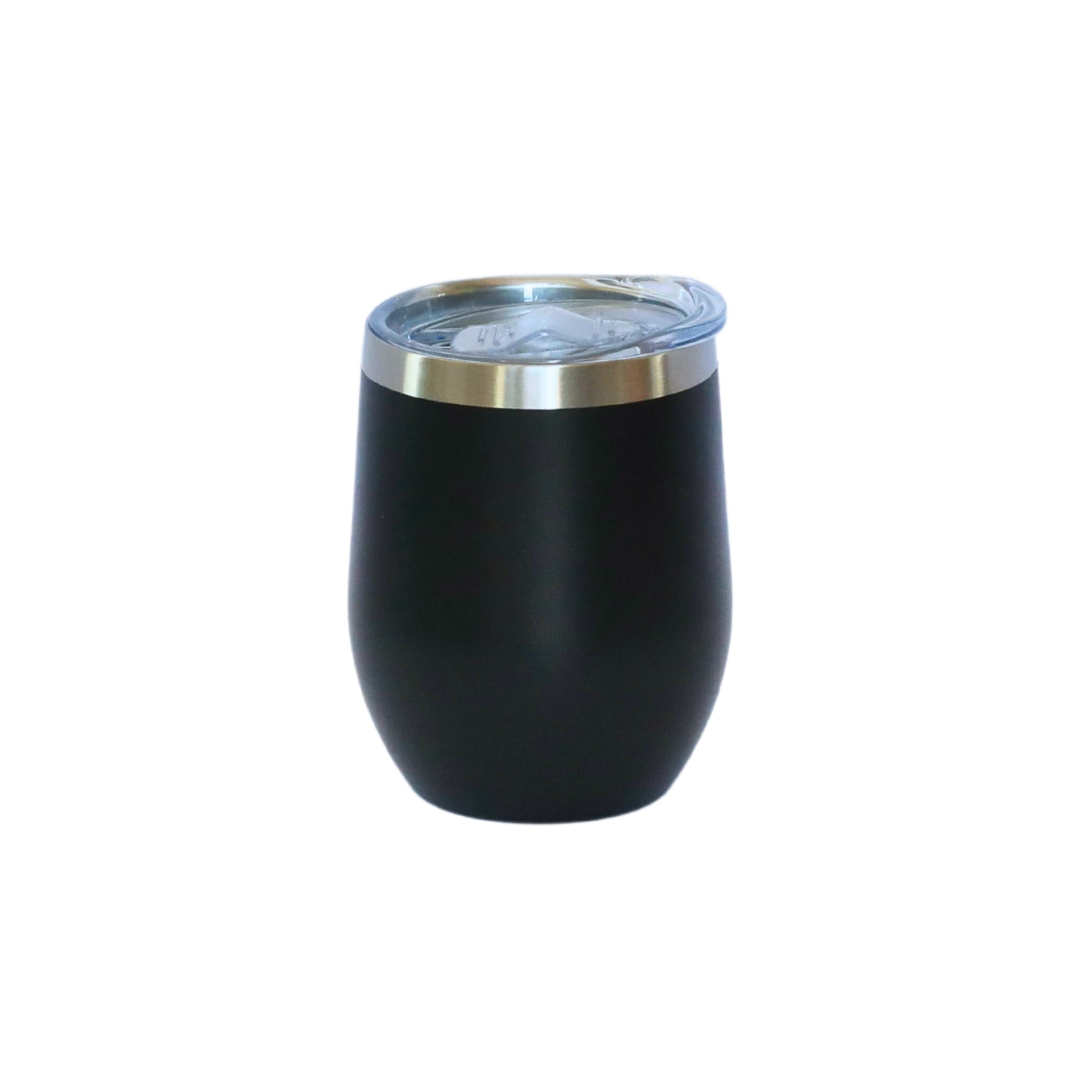 12 Oz Stemless Wine Tumbler in sleek black, made from stainless steel with a matte finish, perfect for enjoying wine on the go.