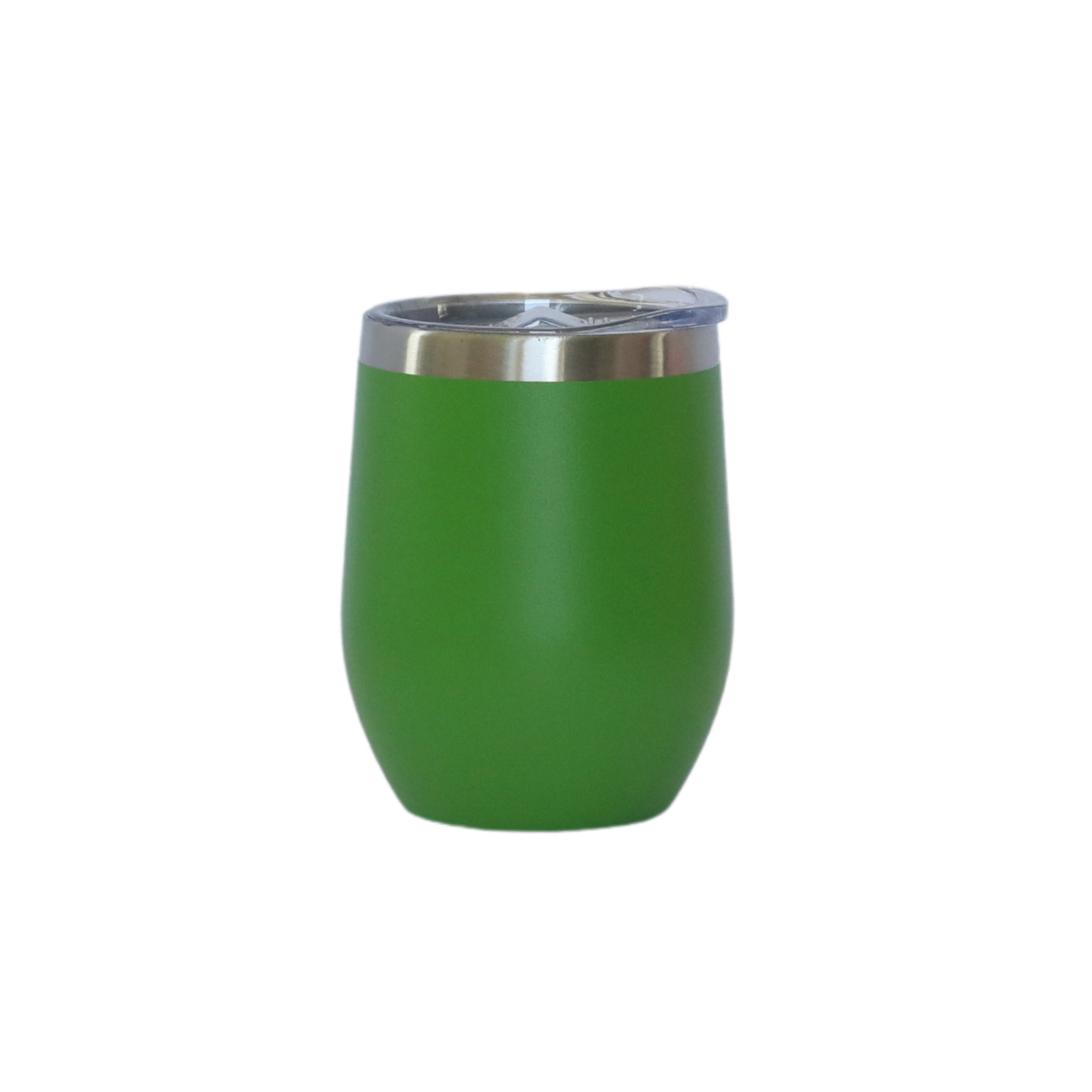 Emerald green 12 Oz stemless wine tumbler made of stainless steel, featuring a matte finish and a leak-proof design.