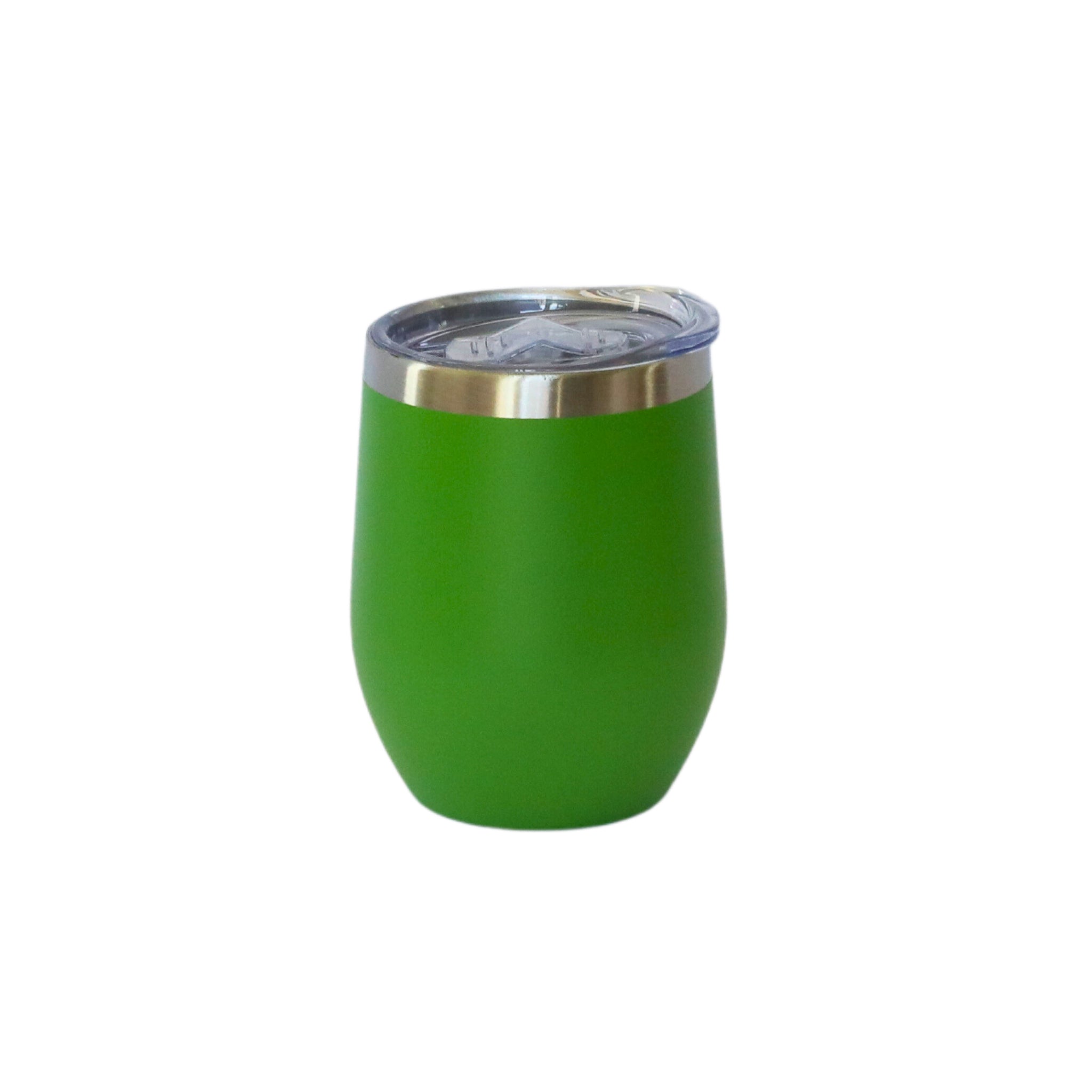 Emerald green 12 Oz stemless wine tumbler made of stainless steel, featuring a matte finish and a leak-proof design.