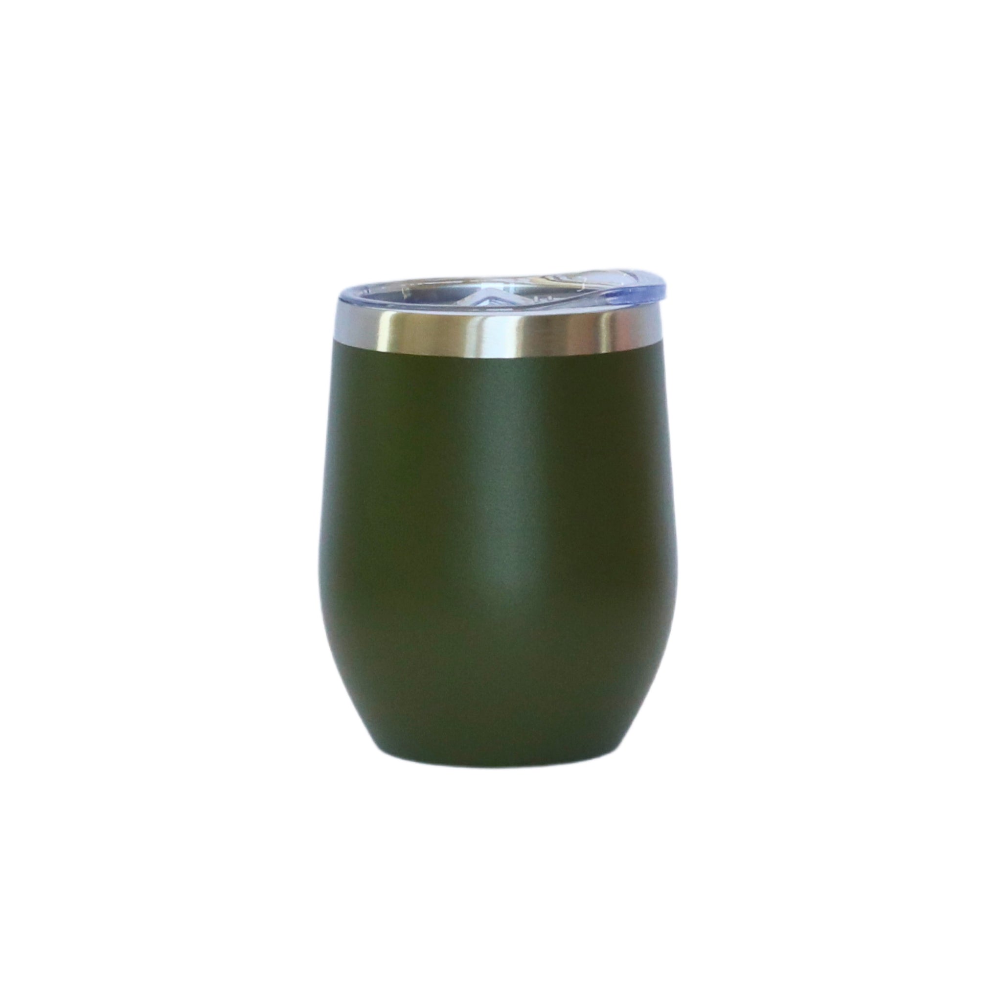 12 Oz Stemless Wine Tumbler in Olive green, showcasing its sleek design and matte finish, perfect for enjoying wine.