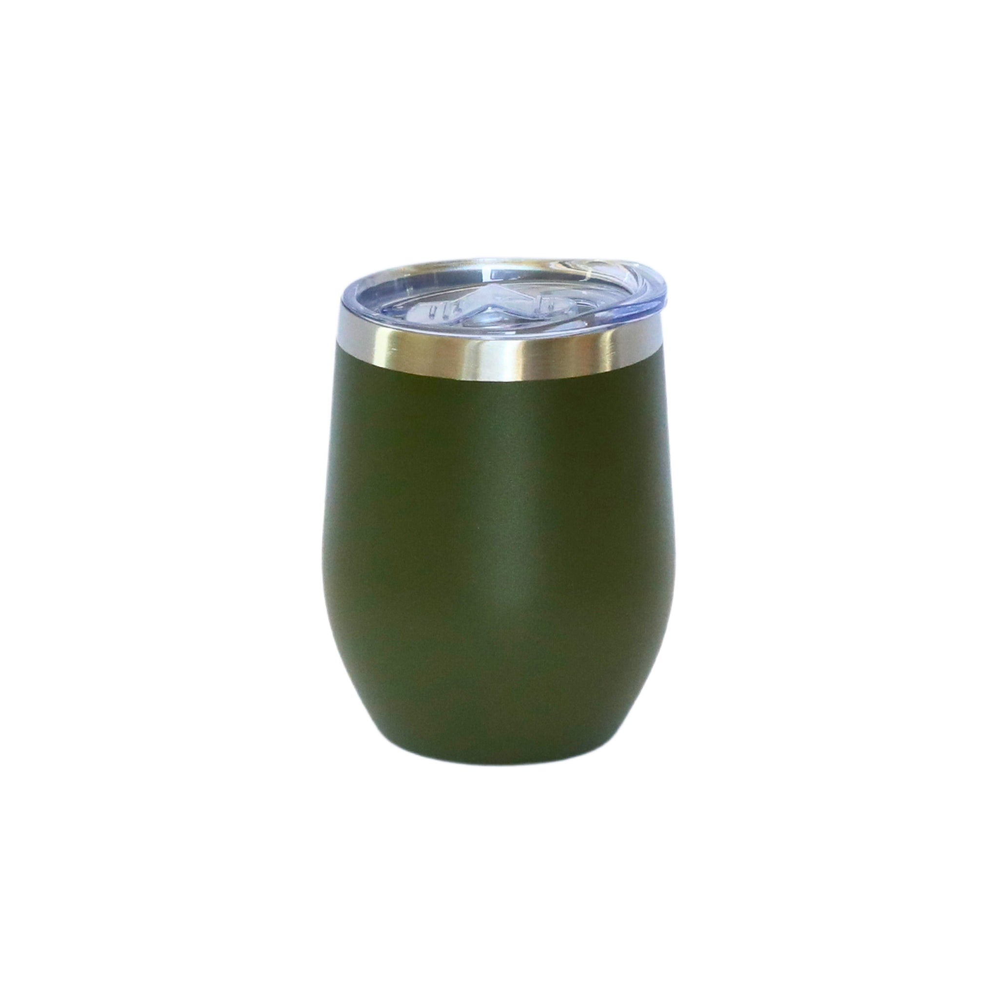 12 Oz Stemless Wine Tumbler in Olive green, showcasing its sleek design and matte finish, perfect for enjoying wine.