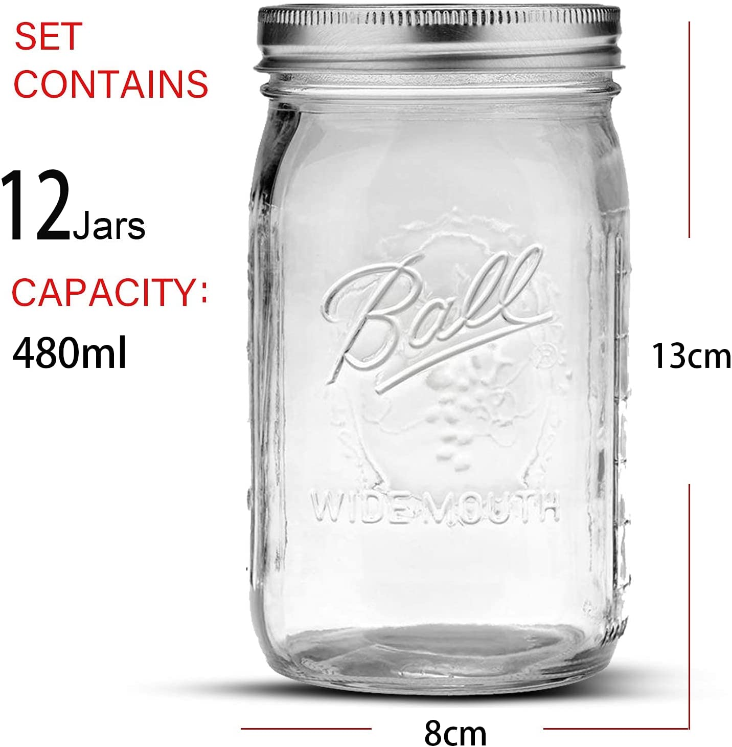 Set of 12 empty 480ml glass Mason jars with lids, ideal for spices and preserves, displayed on a wooden kitchen countertop.