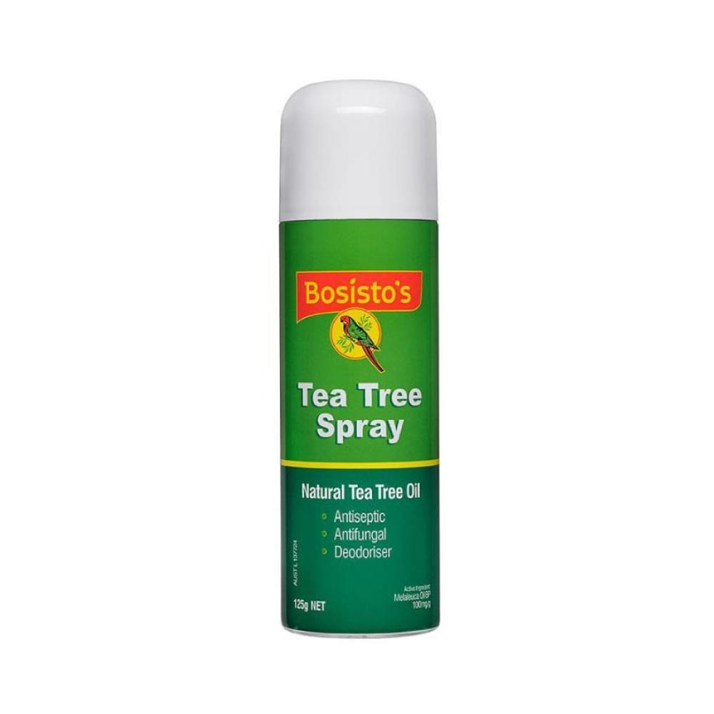 125g Bosisto's Tea Tree Oil Spray bottle with a green label, showcasing its natural antiseptic and antifungal properties.