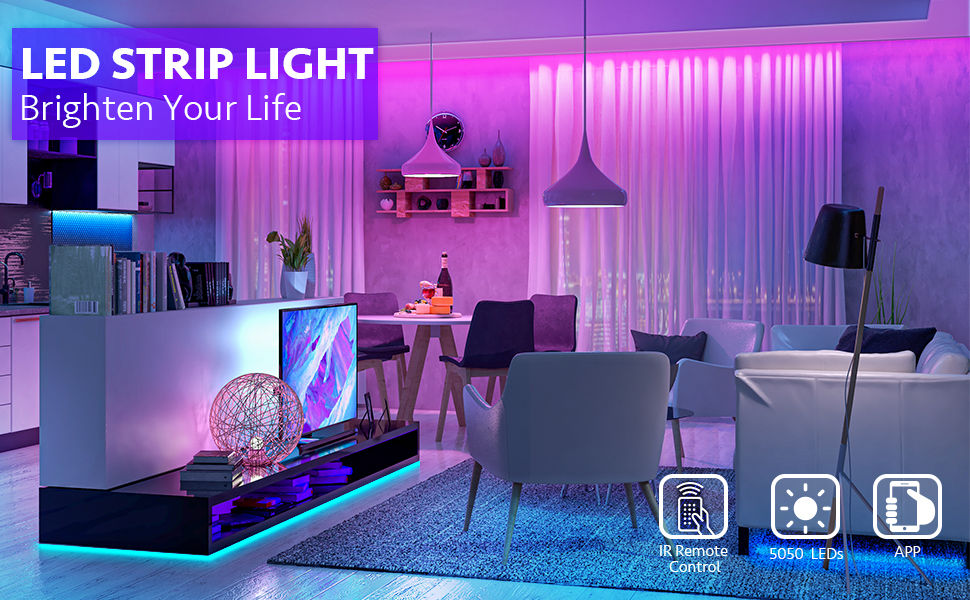 12M LED Strip Lights Rope Light with remote control, showcasing vibrant colors and flexible installation options for home decor.