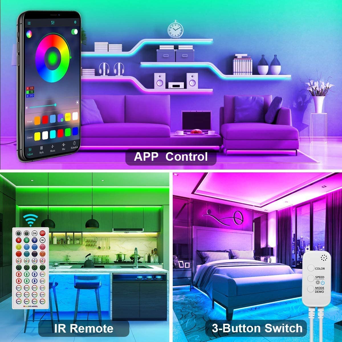 12M LED Strip Lights Rope Light with remote control, showcasing vibrant colors and flexible installation options for home decor.