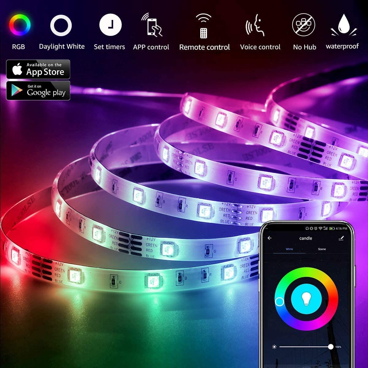 12M LED Strip Lights Rope Light with remote control, showcasing vibrant colors and flexible installation options for home decor.