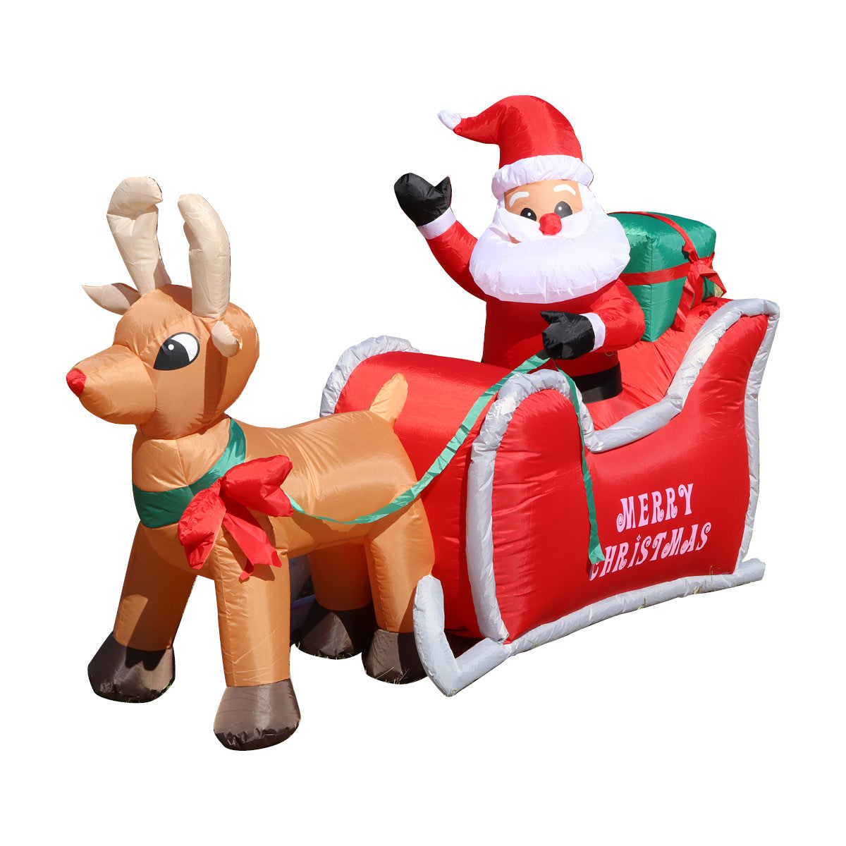 A colorful inflatable decoration featuring Santa in his sleigh with Rudolph, illuminated by rotating LED lights, perfect for outdoor Christmas displays.