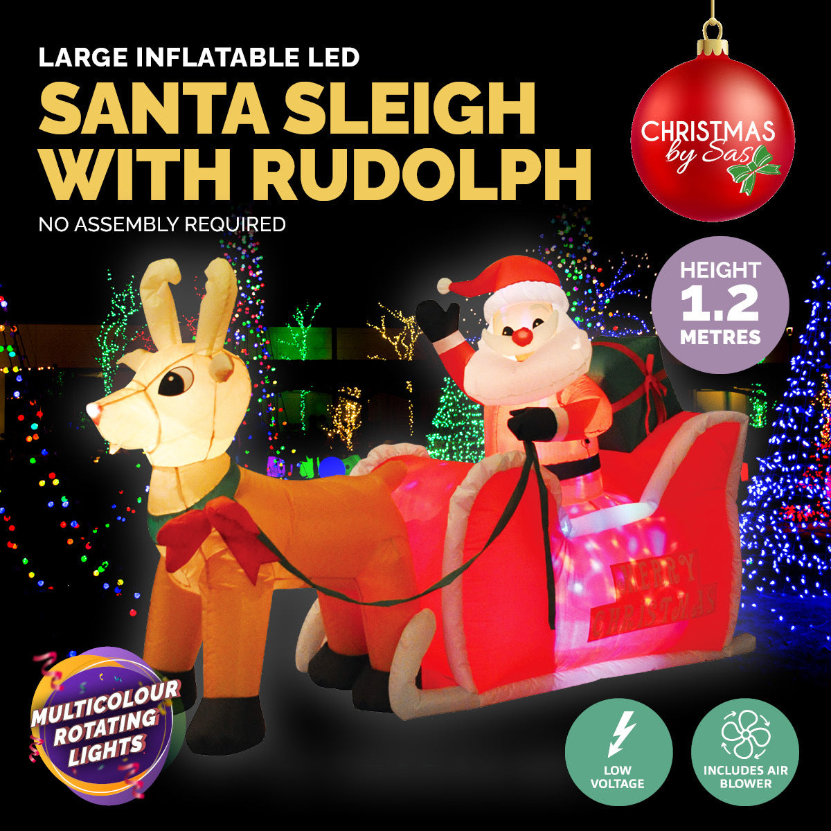 A colorful inflatable decoration featuring Santa in his sleigh with Rudolph, illuminated by rotating LED lights, perfect for outdoor Christmas displays.