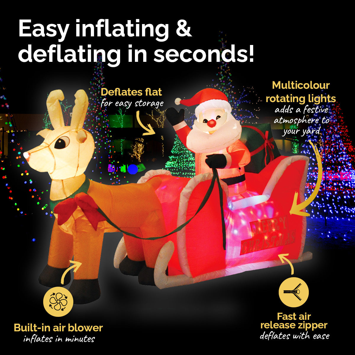 A colorful inflatable decoration featuring Santa in his sleigh with Rudolph, illuminated by rotating LED lights, perfect for outdoor Christmas displays.