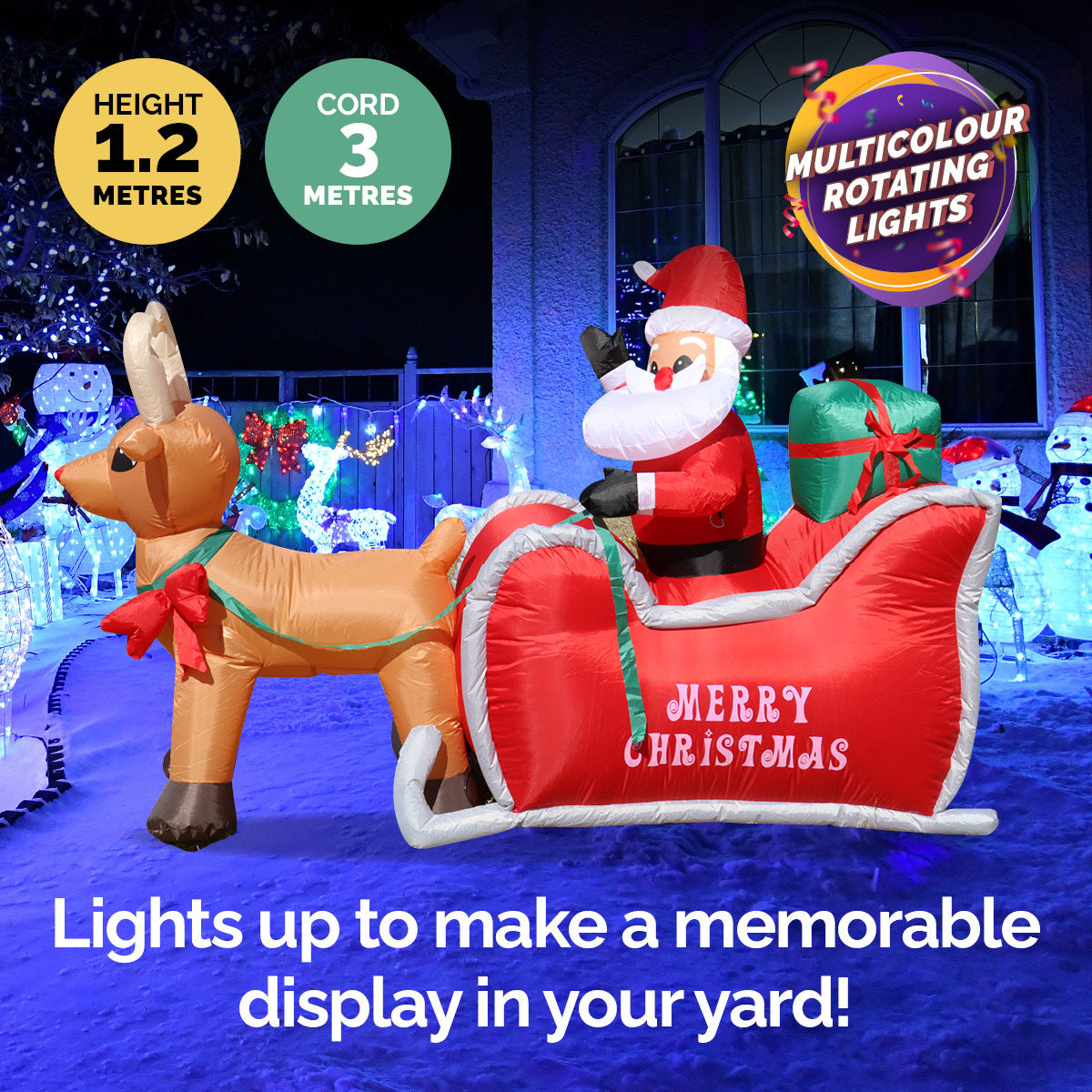 A colorful inflatable decoration featuring Santa in his sleigh with Rudolph, illuminated by rotating LED lights, perfect for outdoor Christmas displays.