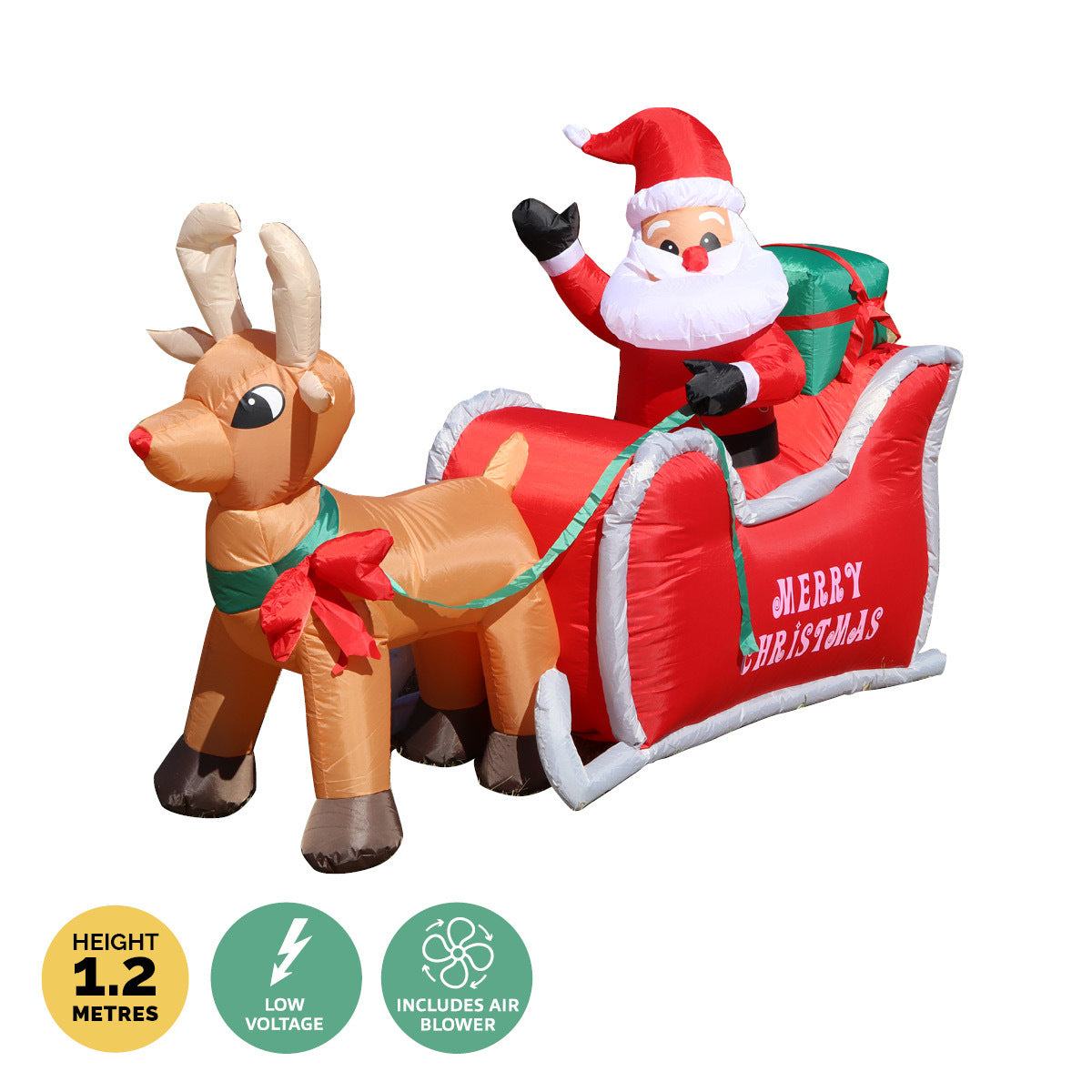 A colorful inflatable decoration featuring Santa in his sleigh with Rudolph, illuminated by rotating LED lights, perfect for outdoor Christmas displays.