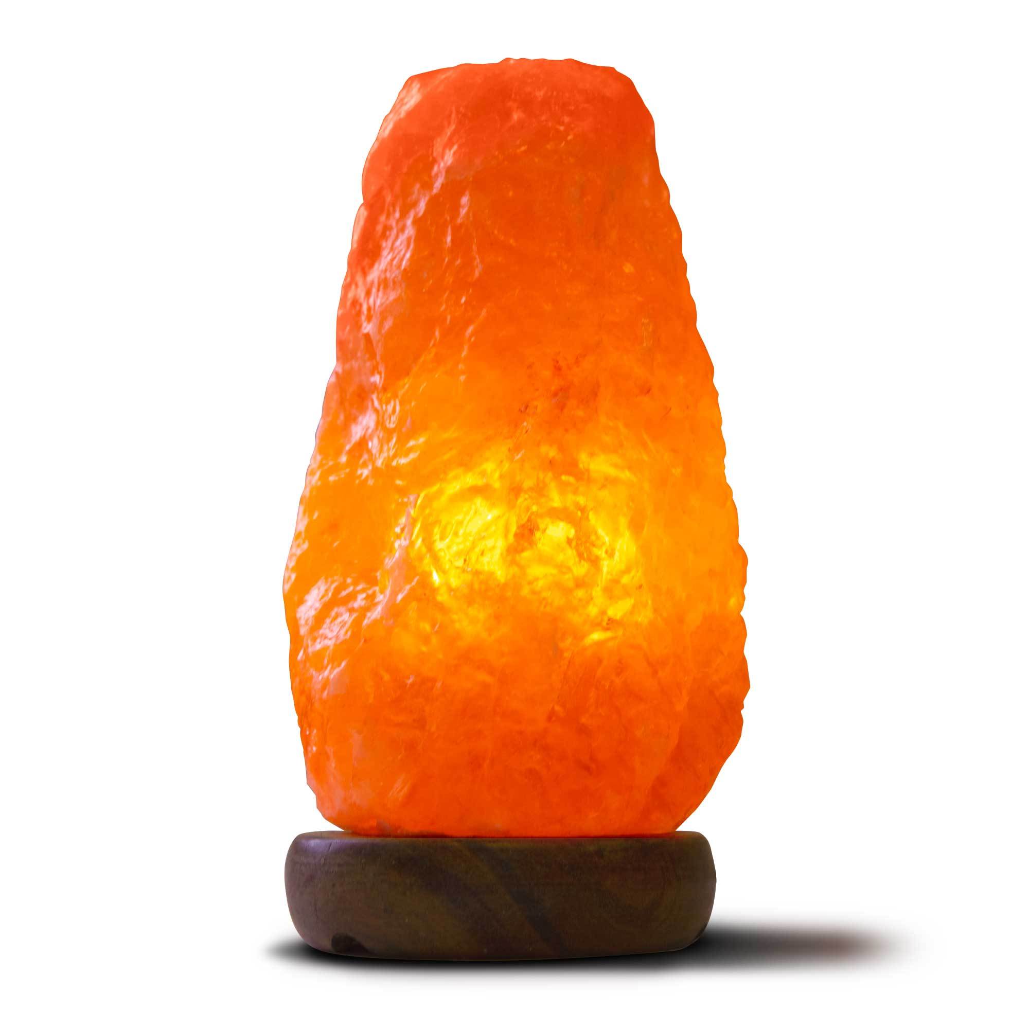 A beautifully handcrafted 12V 12W Himalayan Pink Salt Lamp with a wooden base, showcasing its natural rock crystal texture and warm glow.