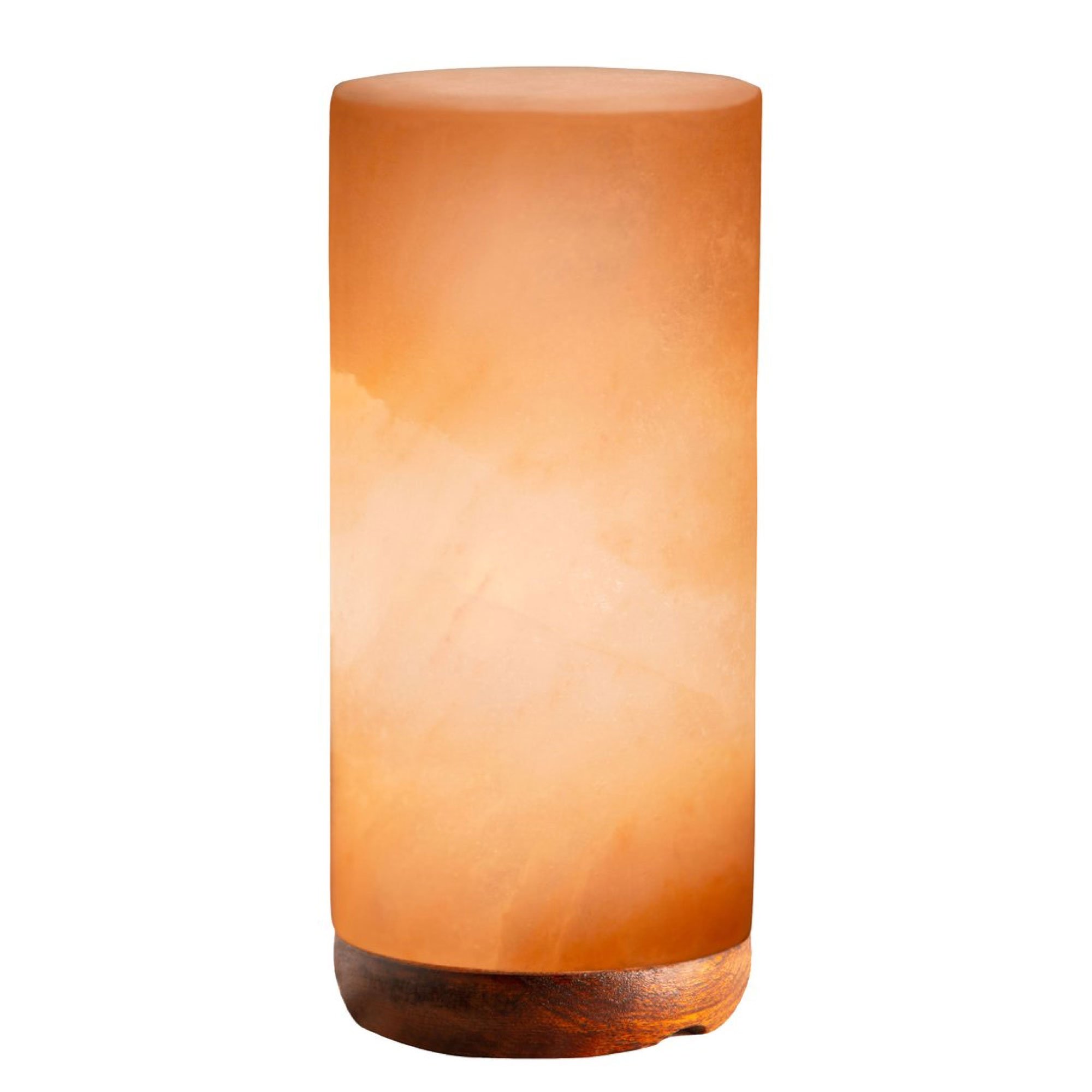 A beautifully handcrafted 12V 12W Cylinder Himalayan Pink Salt Lamp with a wooden base, emitting a warm glow.