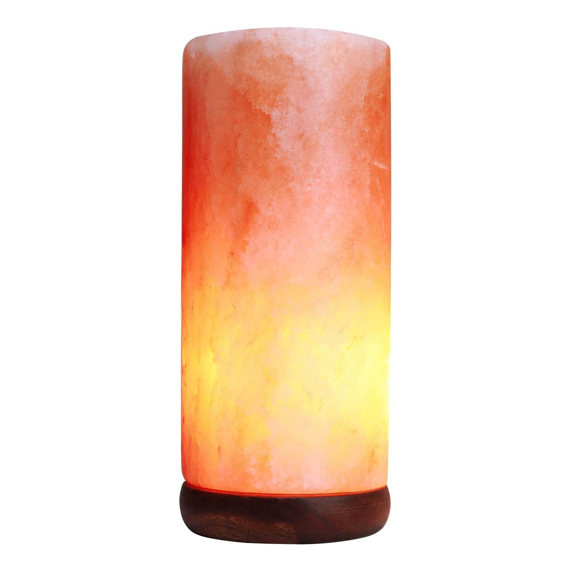 A beautifully handcrafted 12V 12W Cylinder Himalayan Pink Salt Lamp with a wooden base, emitting a warm glow.