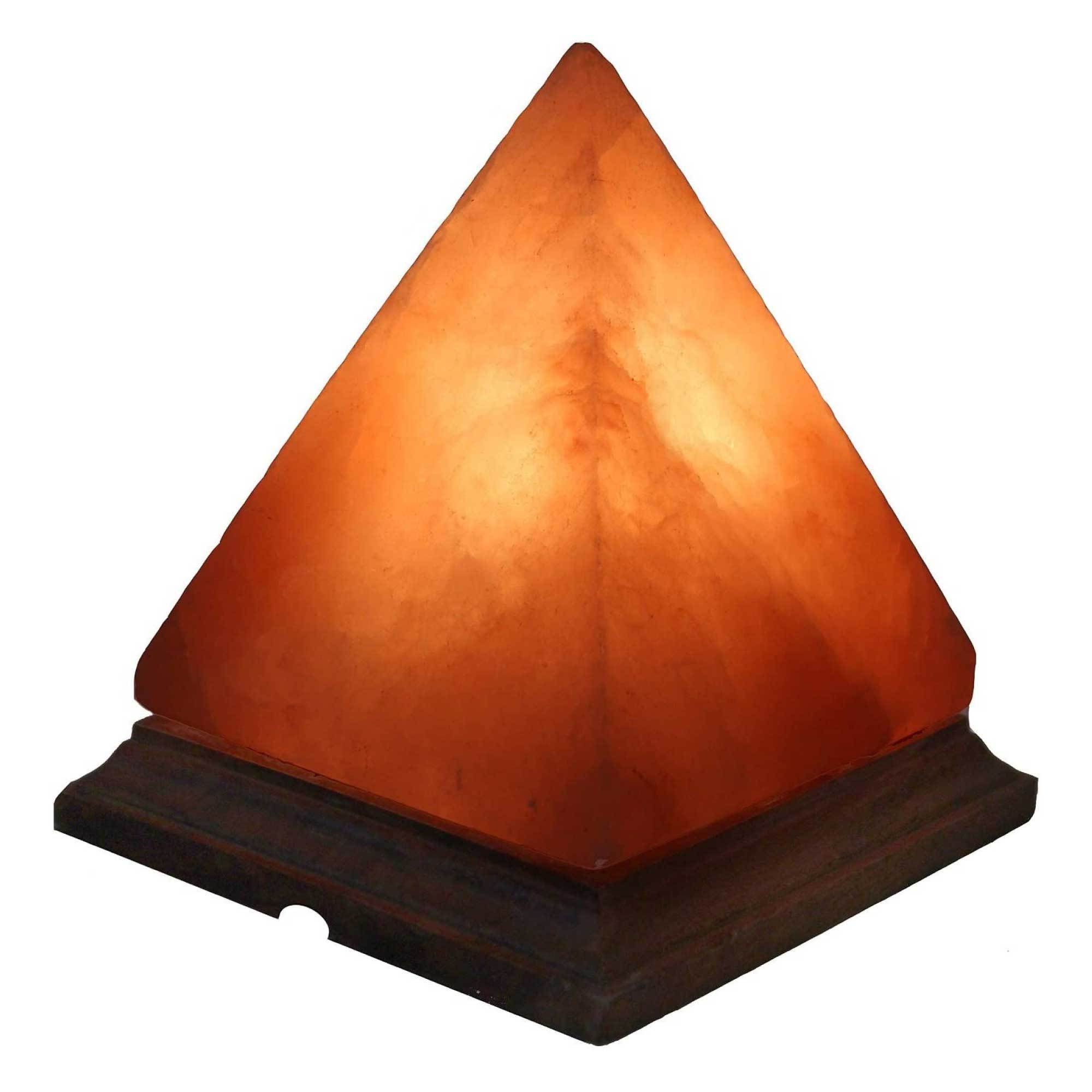 A beautifully handcrafted 12V 12W Pyramid Himalayan Pink Salt Lamp with a warm glow, showcasing its unique natural texture and wooden base.