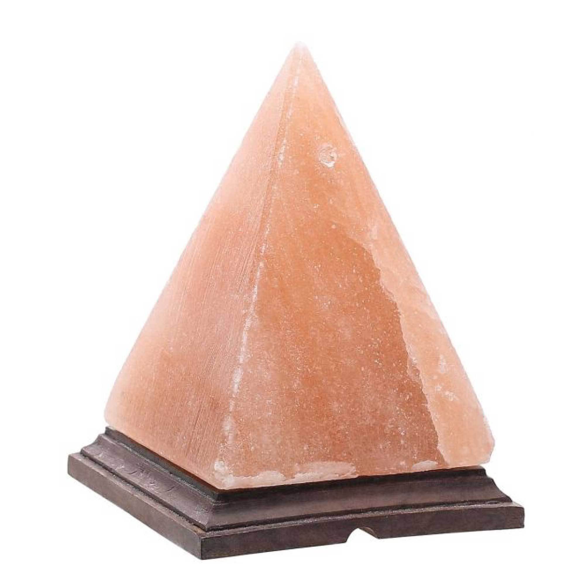 A beautifully handcrafted 12V 12W Pyramid Himalayan Pink Salt Lamp with a warm glow, showcasing its unique natural texture and wooden base.