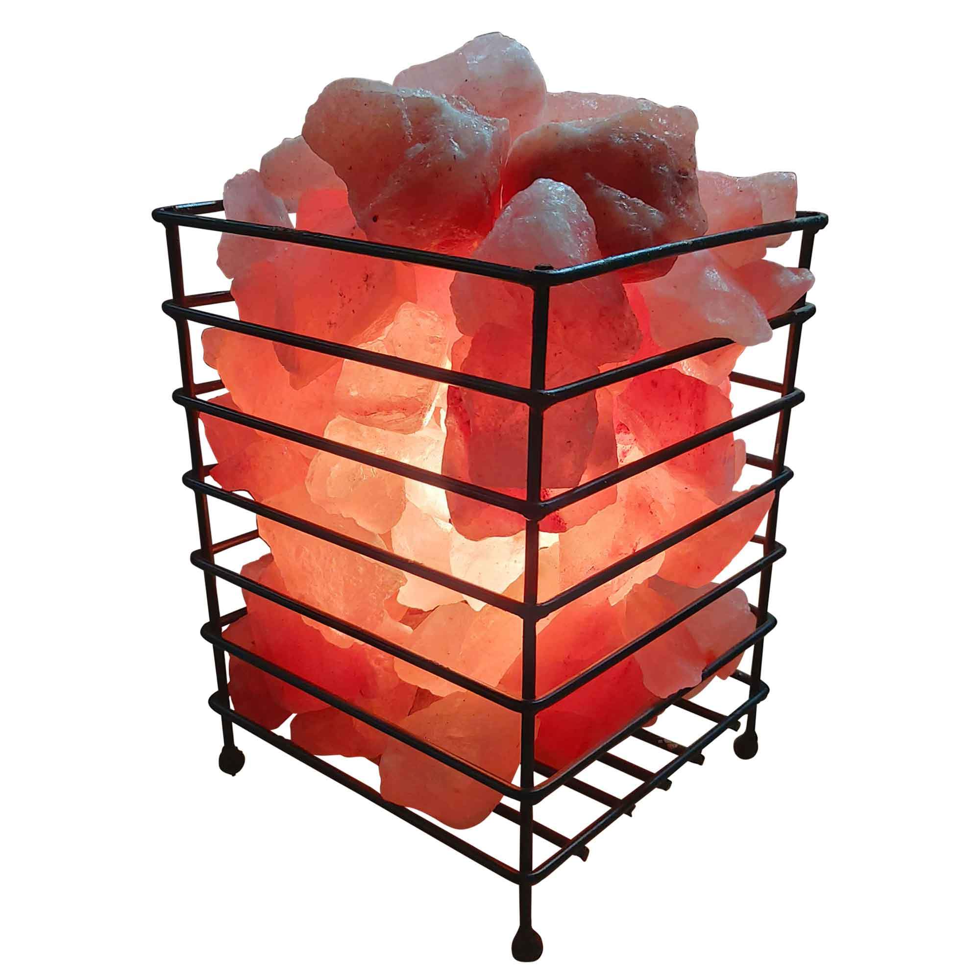 A beautifully handcrafted 12V 12W Himalayan Pink Salt Lamp in a sturdy iron basket, showcasing its natural pink hues and unique rock formations.