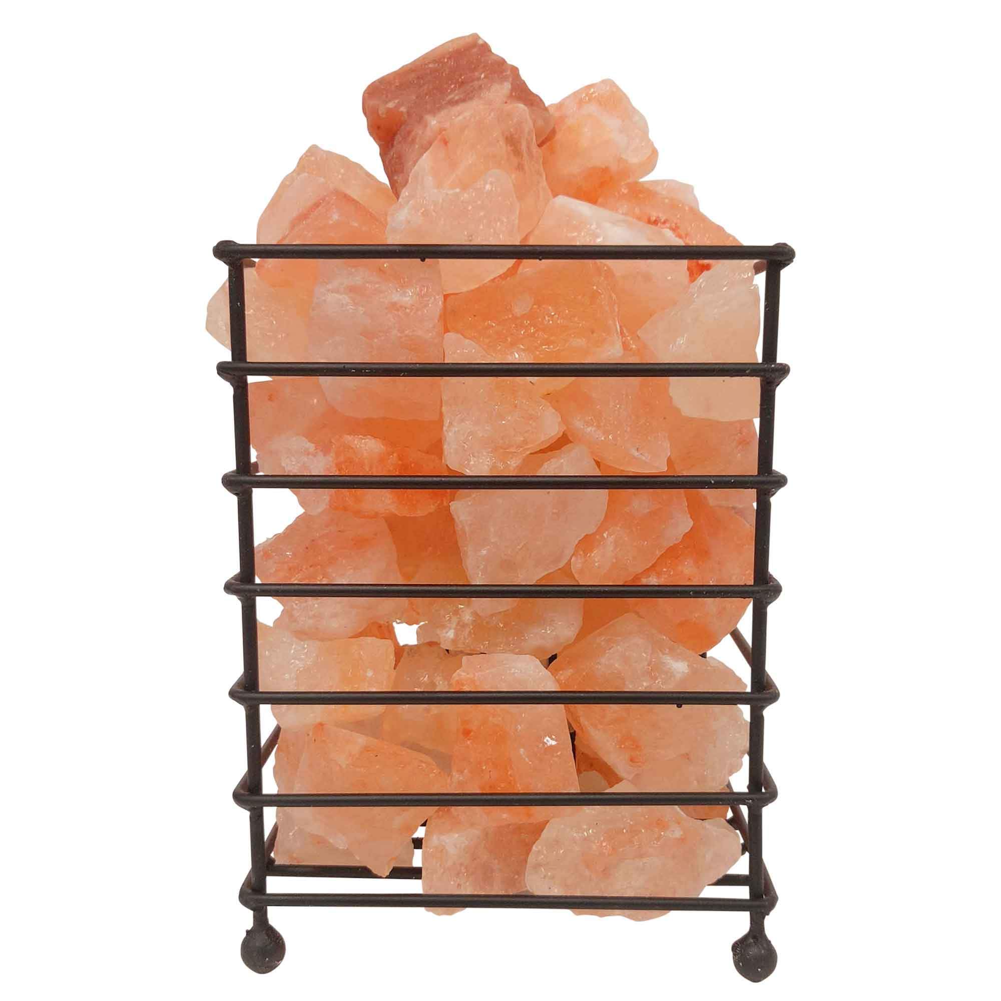 A beautifully handcrafted 12V 12W Himalayan Pink Salt Lamp in a sturdy iron basket, showcasing its natural pink hues and unique rock formations.