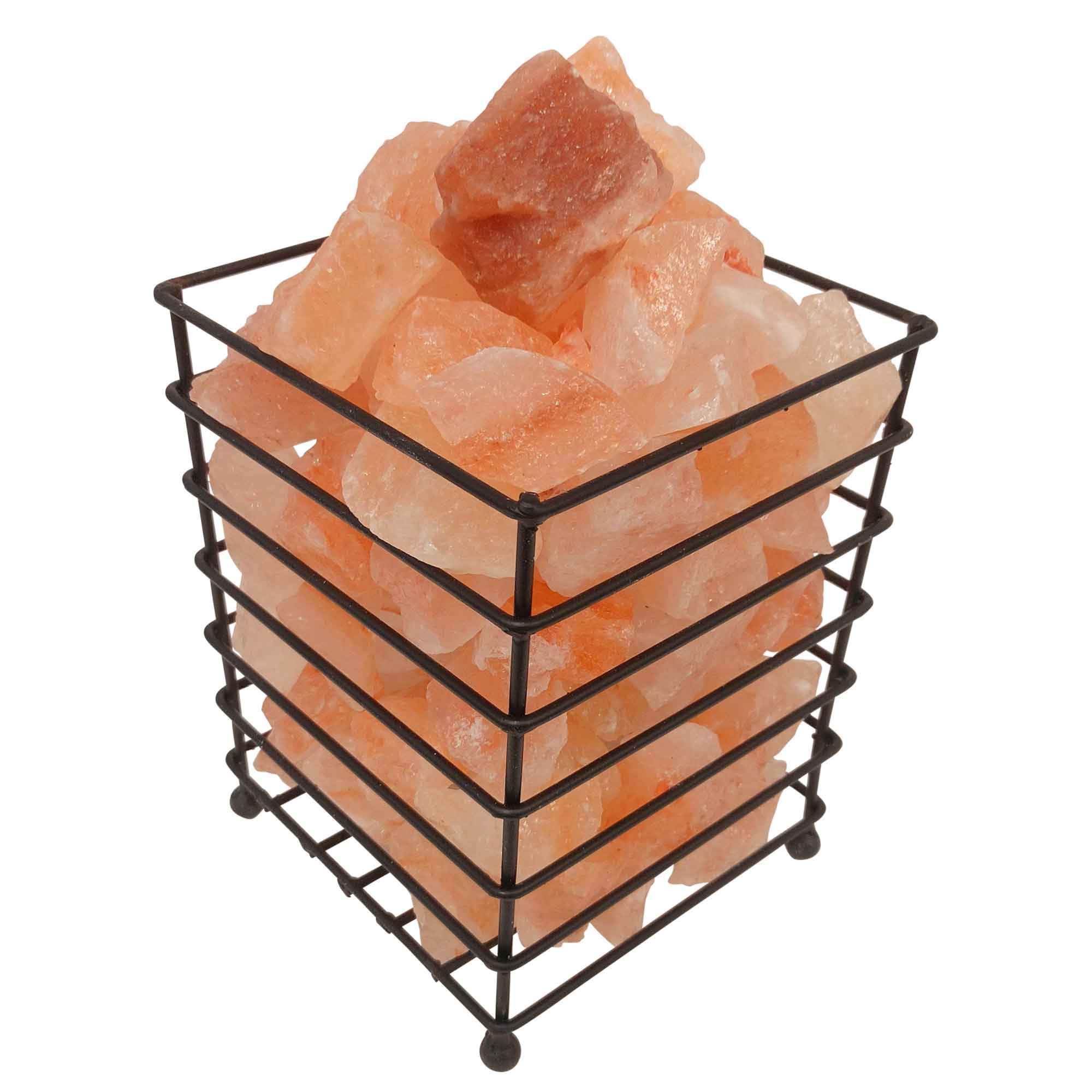 A beautifully handcrafted 12V 12W Himalayan Pink Salt Lamp in a sturdy iron basket, showcasing its natural pink hues and unique rock formations.