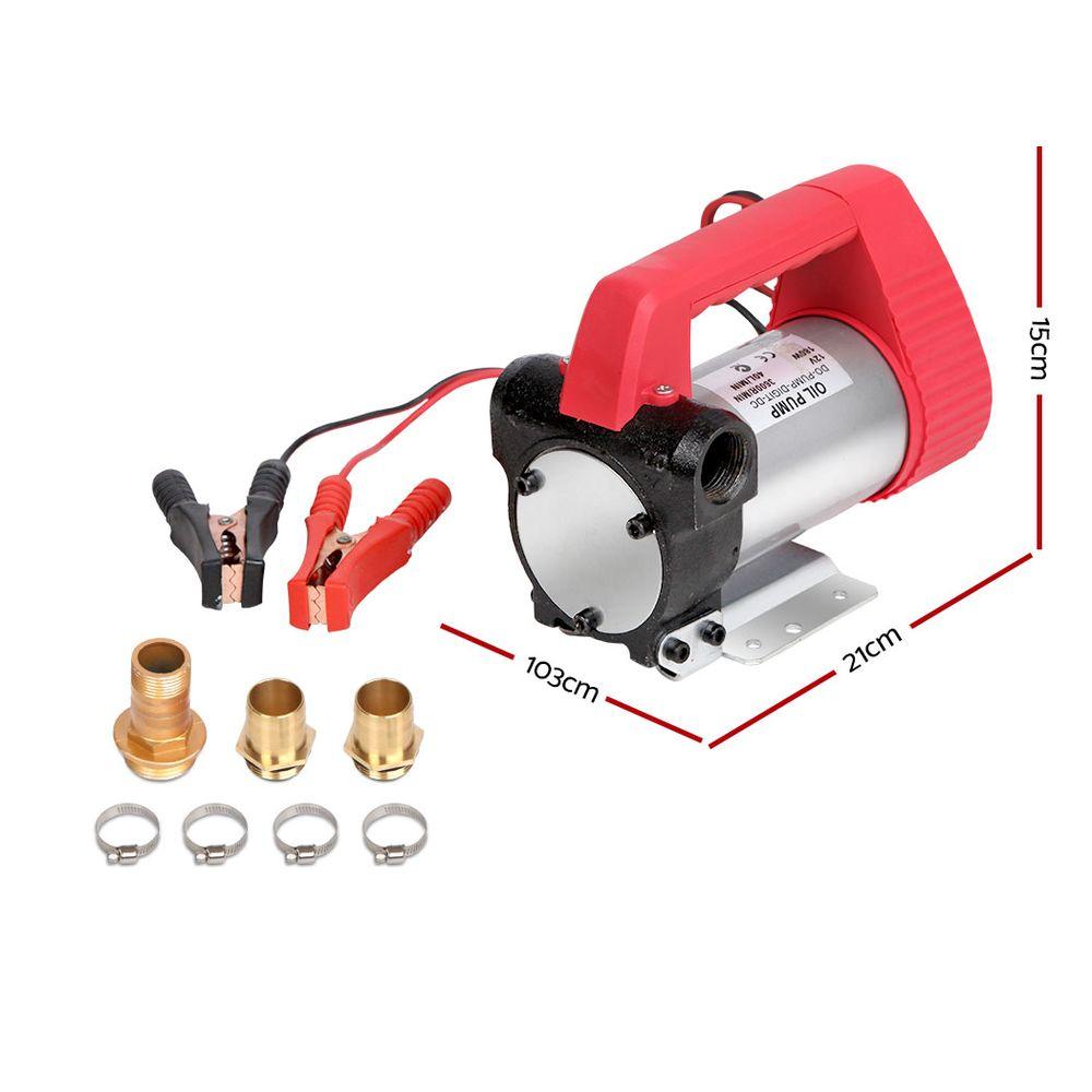 12V Electric Diesel Oil Transfer Pump with stainless steel body and reinforced hose, designed for efficient fuel transfer.