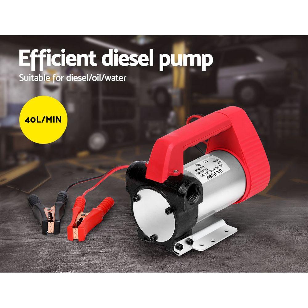 12V Electric Diesel Oil Transfer Pump with stainless steel body and reinforced hose, designed for efficient fuel transfer.