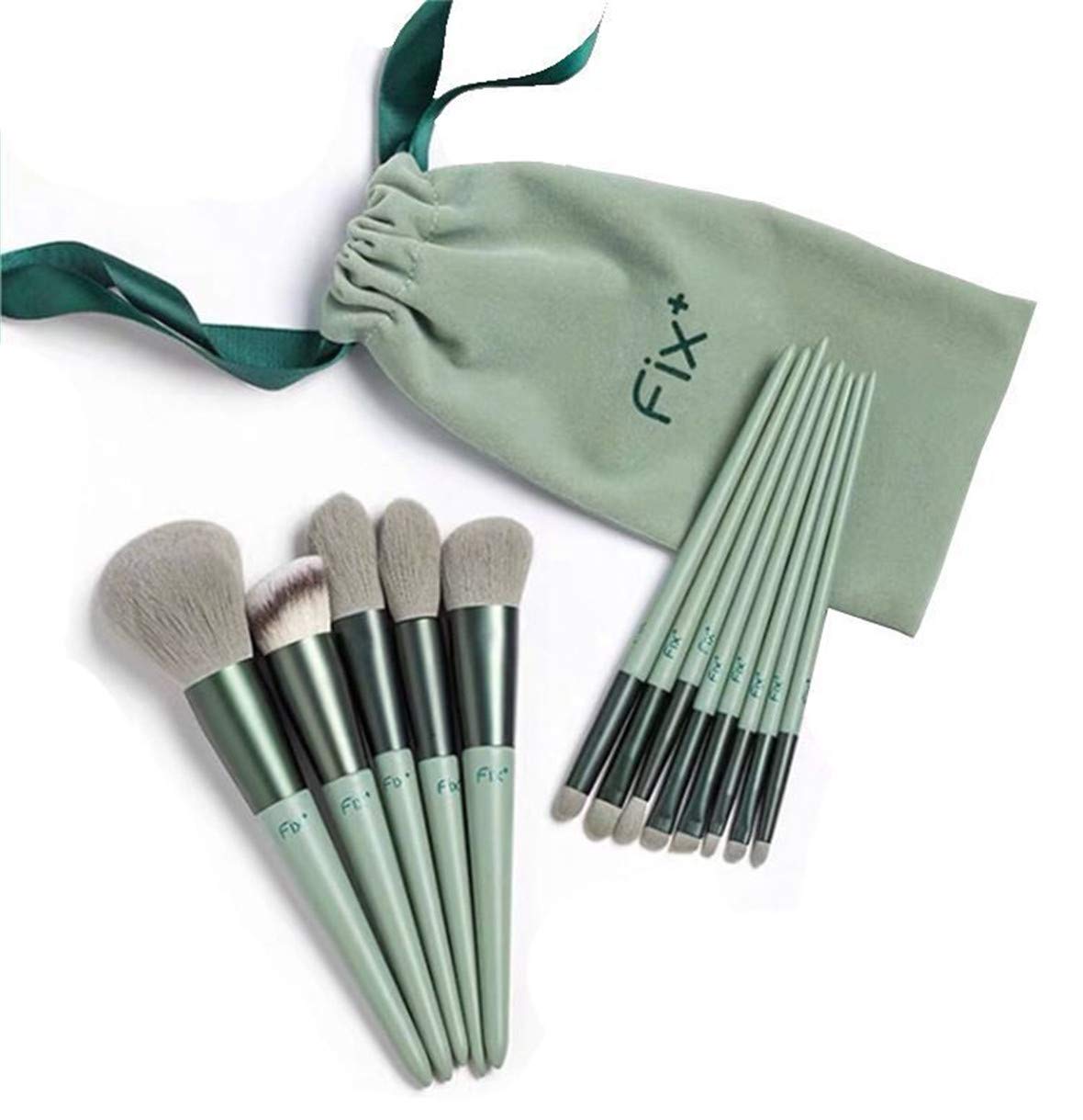 A complete set of 13 makeup brushes displayed in a portable bag, showcasing various brush types for foundation, blending, and eye makeup.