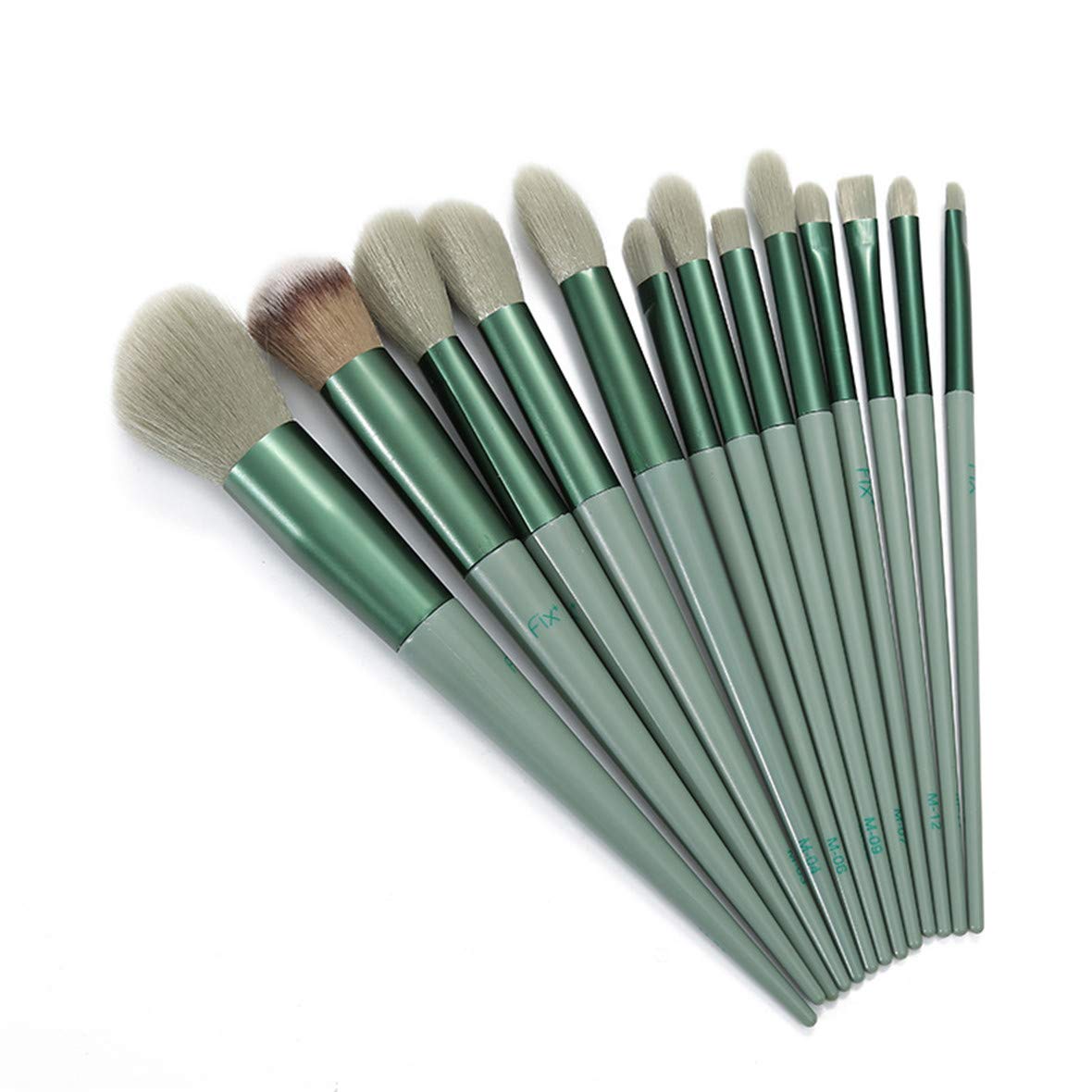 A complete set of 13 makeup brushes displayed in a portable bag, showcasing various brush types for foundation, blending, and eye makeup.