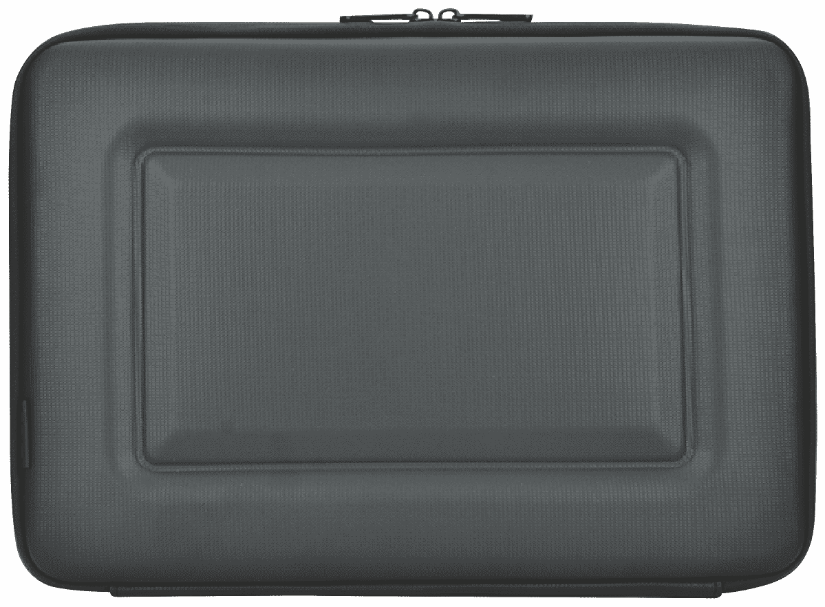 Black 13.3-inch rugged EVA laptop sleeve with zip closure, showcasing durable exterior and padded interior.