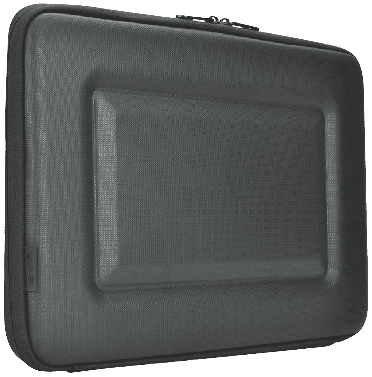 Black 13.3-inch rugged EVA laptop sleeve with zip closure, showcasing durable exterior and padded interior.