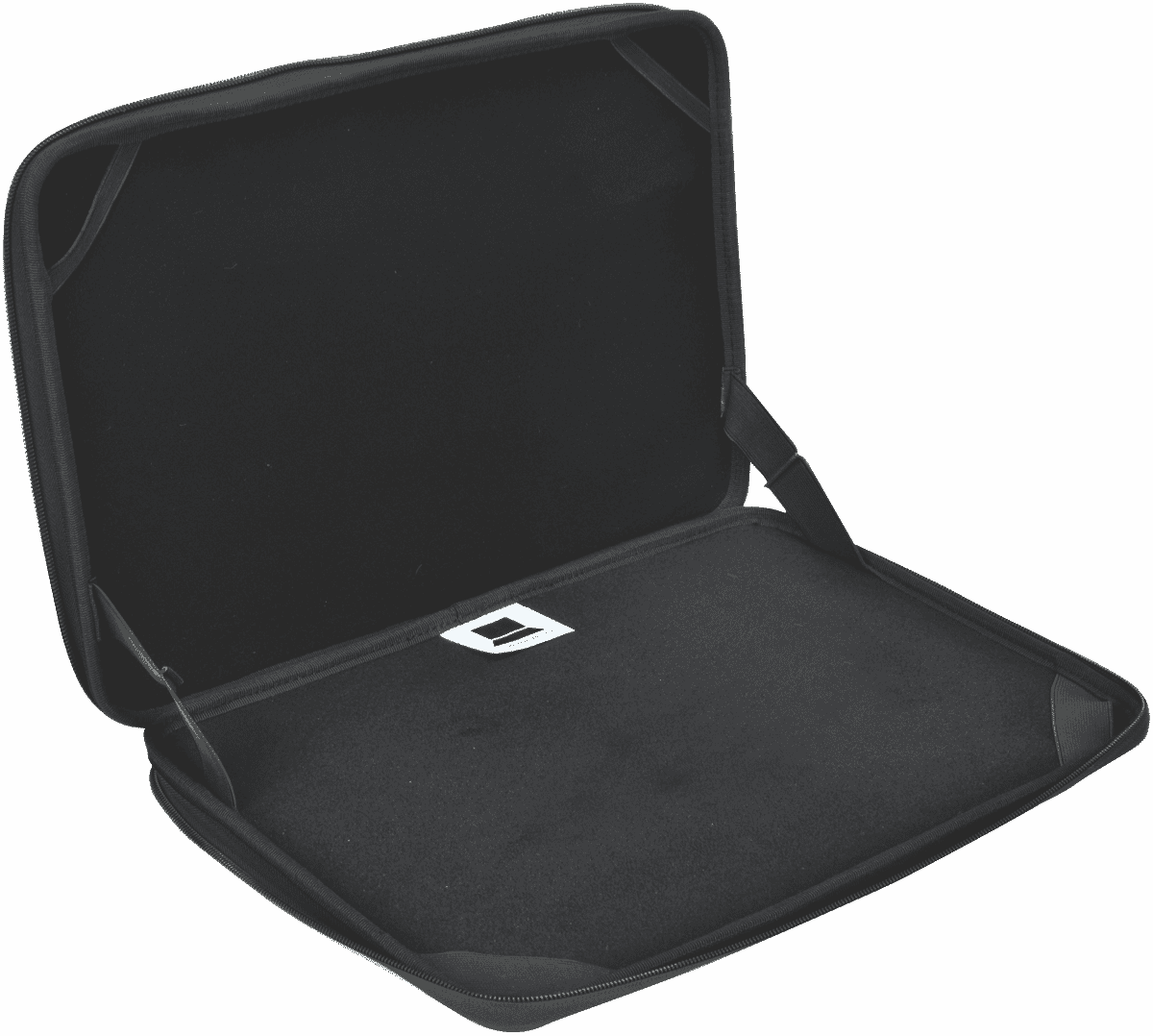 Black 13.3-inch rugged EVA laptop sleeve with zip closure, showcasing durable exterior and padded interior.