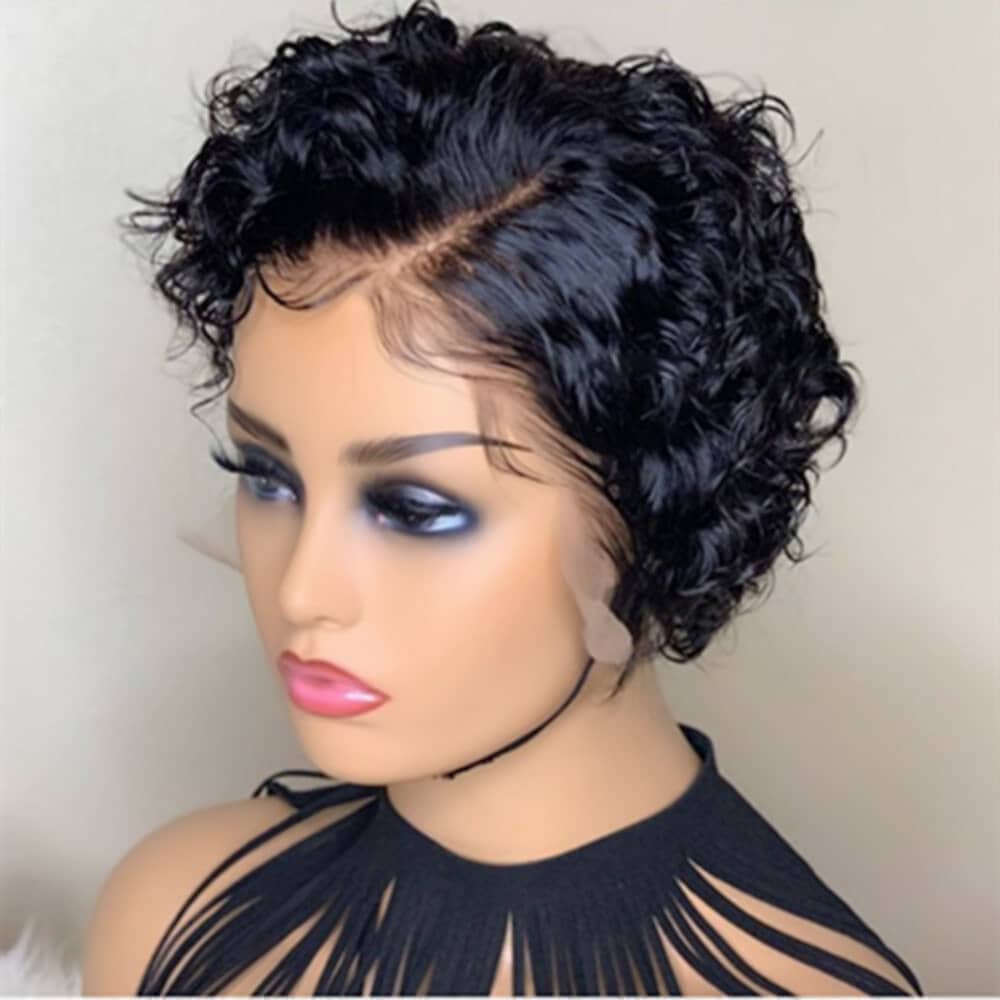 A stylish 13x6 Short Curly Bob Lace Front Wig featuring a side part, made from 100% Brazilian virgin hair, showcasing natural curls.