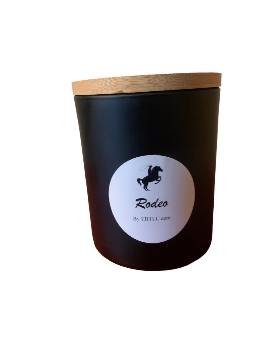 14 oz Rodeo Fragrance Soy Blend Candle with a rustic western design, showcasing its natural soy wax and inviting scent.