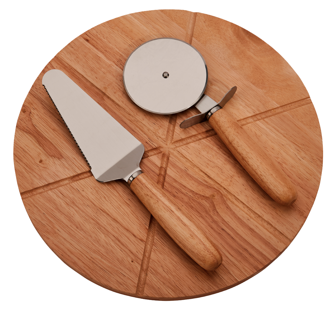 14-inch wooden pizza board with precision cutting wheel and server, featuring a smooth side and a routed guide side for slicing.