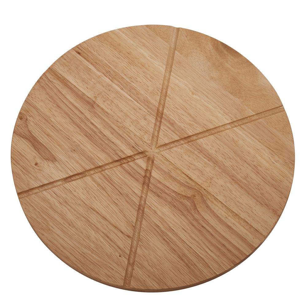 14-inch wooden pizza board with precision cutting wheel and server, featuring a smooth side and a routed guide side for slicing.