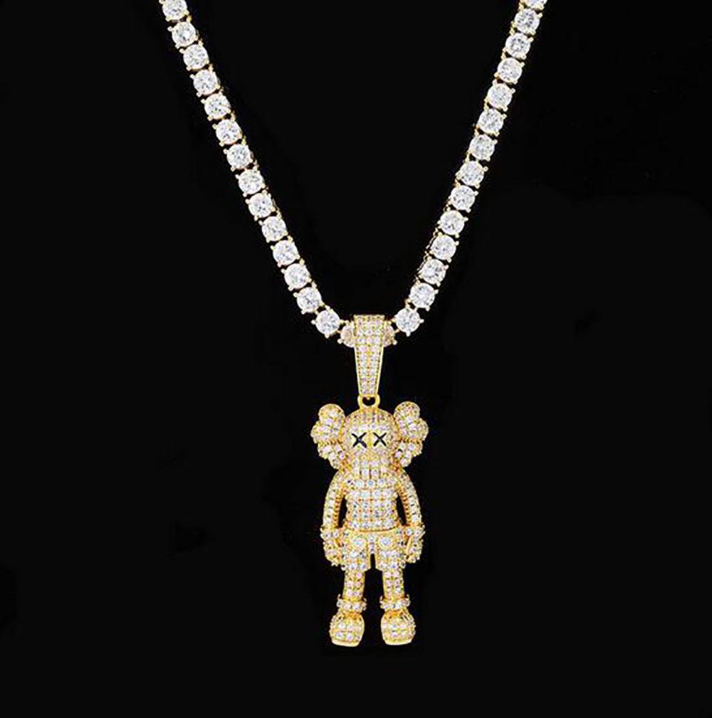 14K Gold Plated Ins Cartoon Doll Pendant Necklace with micro pave cubic zirconia stones on a 24-inch rope chain.