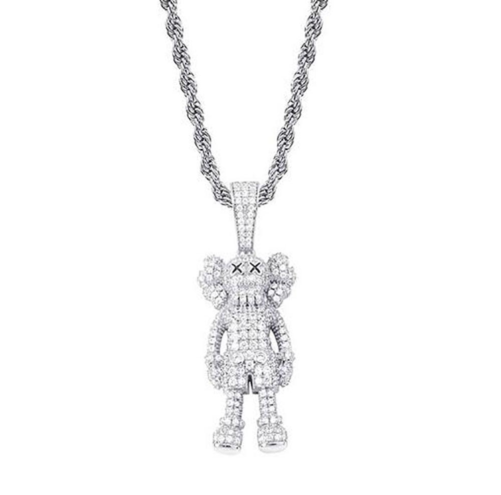 14K Gold Plated Ins Cartoon Doll Pendant Necklace with micro pave cubic zirconia stones on a 24-inch rope chain.