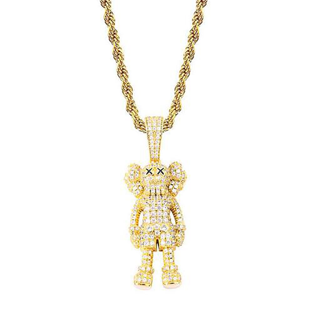 14K Gold Plated Ins Cartoon Doll Pendant Necklace with micro pave cubic zirconia stones on a 24-inch rope chain.