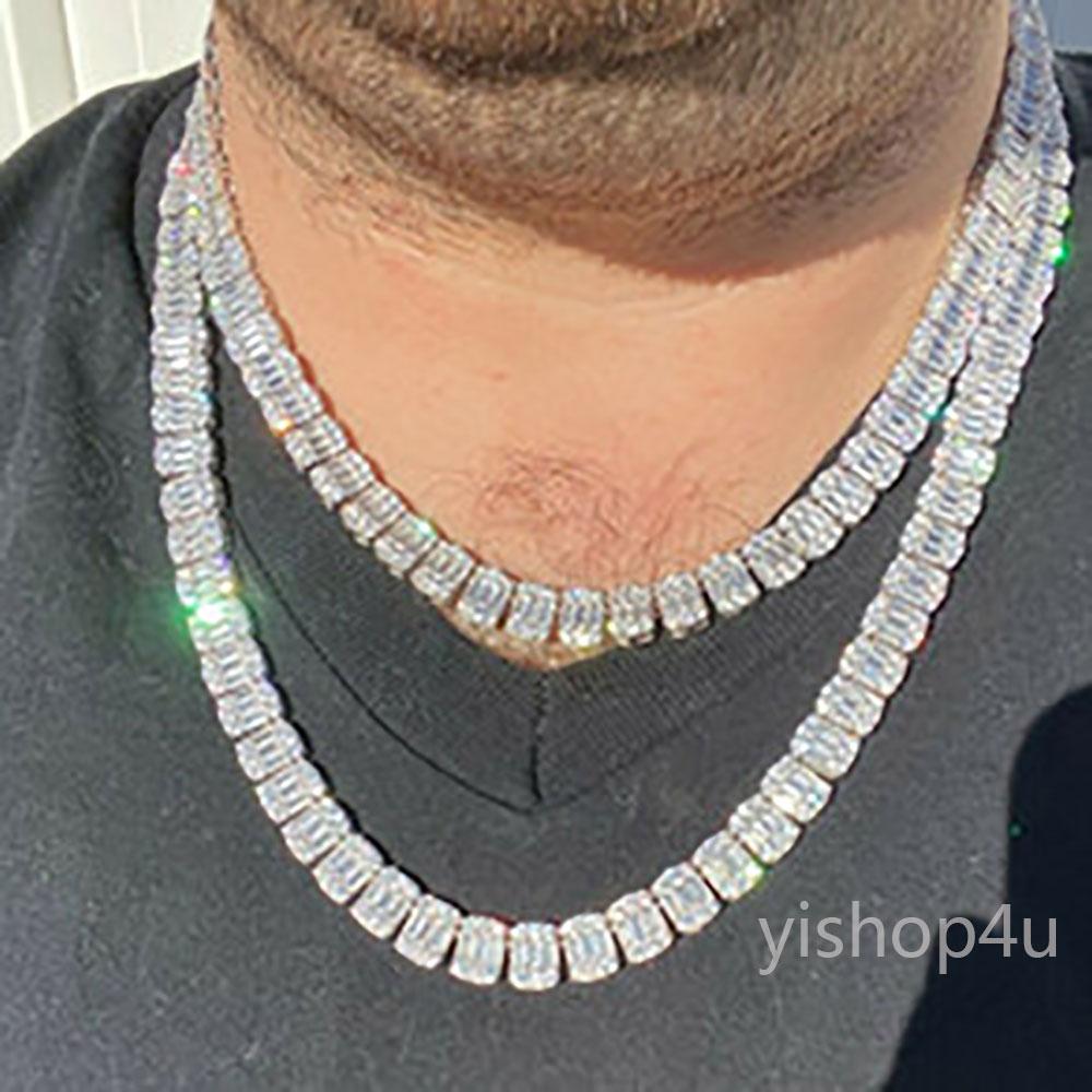 14K White Gold Plated 9mm Men's Baguette Tennis Chain displayed elegantly, showcasing its luxurious design and sparkling cubic zirconia stones.