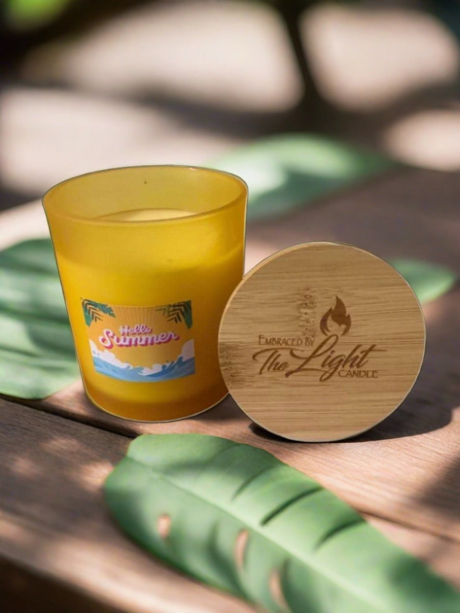 A 14oz Hello Summer Fragrance Soy Blend Wax Candle with a vibrant summer-themed label, showcasing its clean and elegant design.