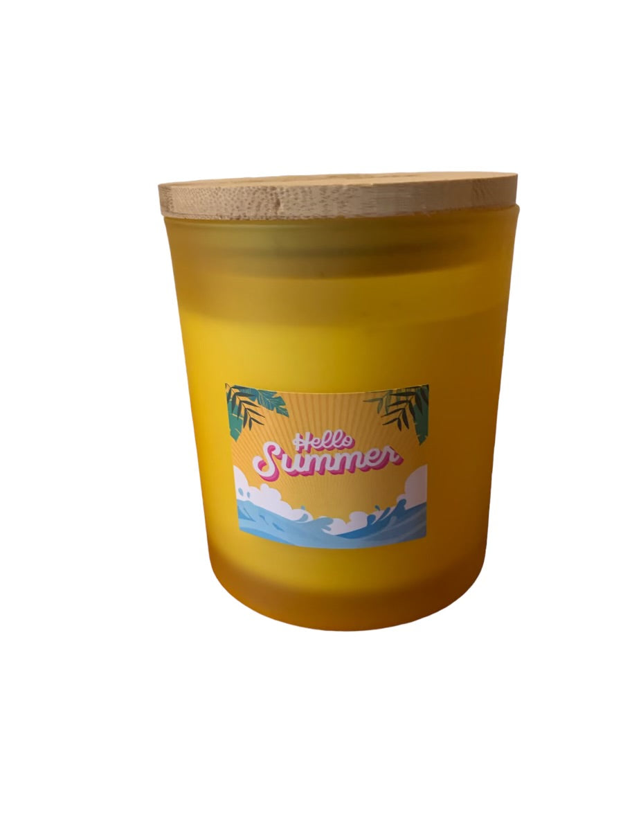 A 14oz Hello Summer Fragrance Soy Blend Wax Candle with a vibrant summer-themed label, showcasing its clean and elegant design.