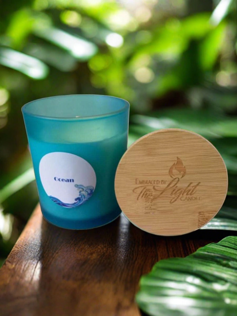 14oz Ocean Fragrance Soy Blend Candle with a refreshing ocean scent, elegantly designed for a clean and long-lasting burn.